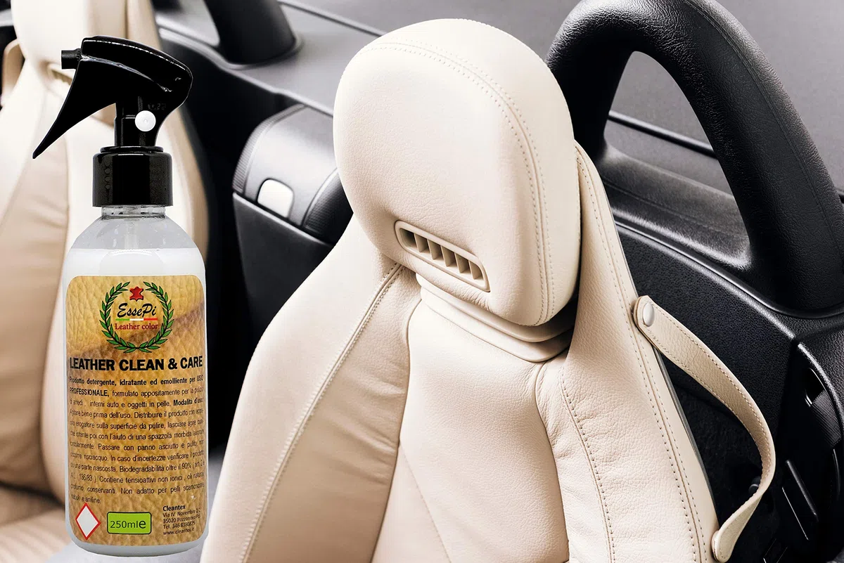 LEATHER CLEAN & CARE prodotto per pulizia divani in pelle, sedili auto in pelle e per tutti gli articoli in pelle. Pulisce, nutre e protegge, tutto in una sola passata. A base acquosa NO Toxic, 250 ml