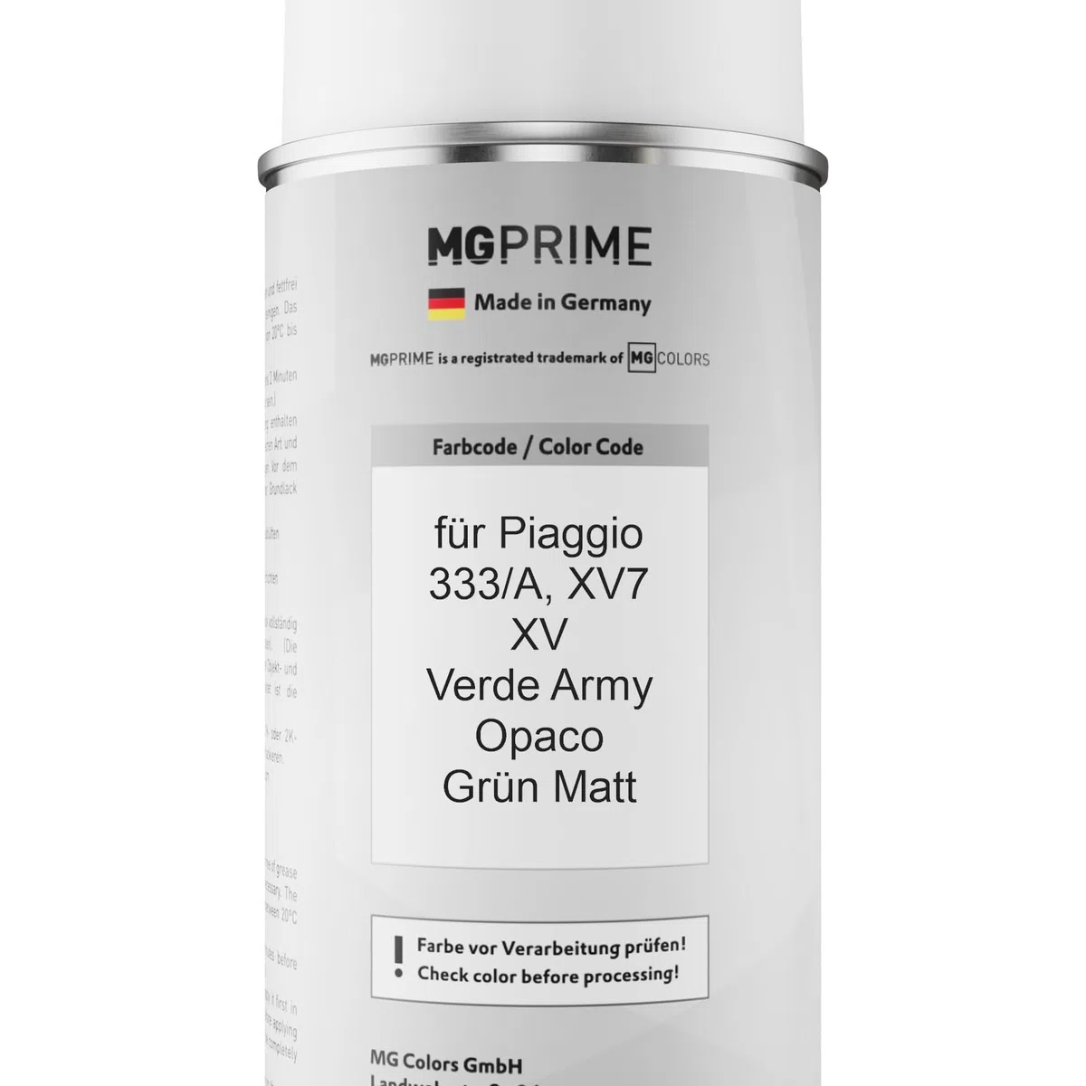 MG PRIME Vernice per auto Bomboletta spray per Piaggio 333/A / XV7 XV Verde Army Opaco/Grün Matt Bomboletta a spruzzo di vernice di base da 400ml