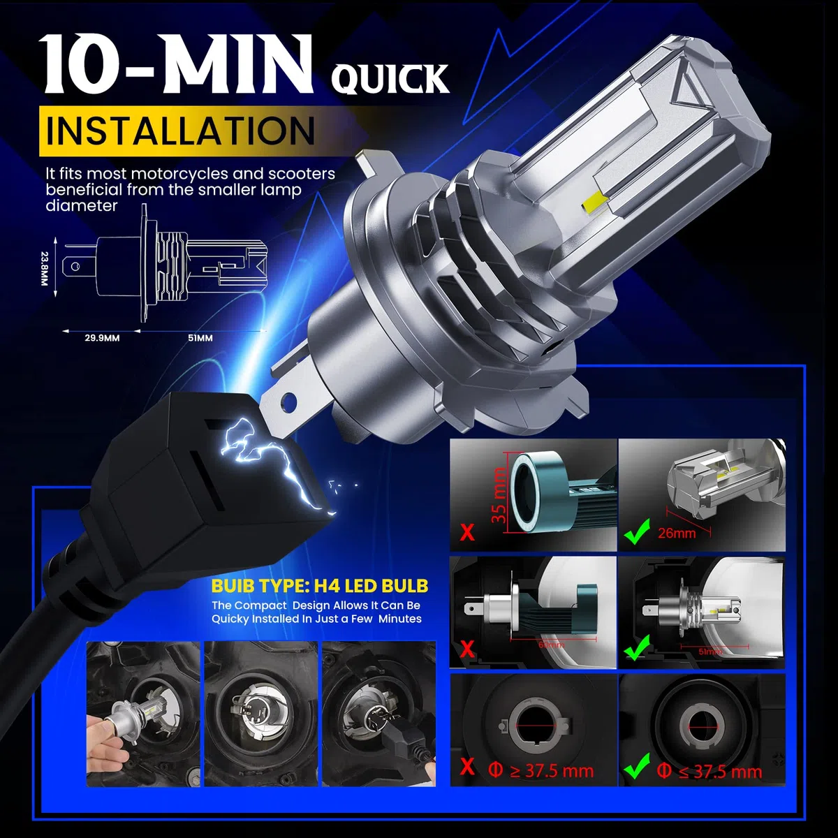 KOYOSO H4 LED 5000LM 25W Lampadine Compatibile 12V Moto Scooter Abbaglianti e Anabbaglianti, Confezione da 1