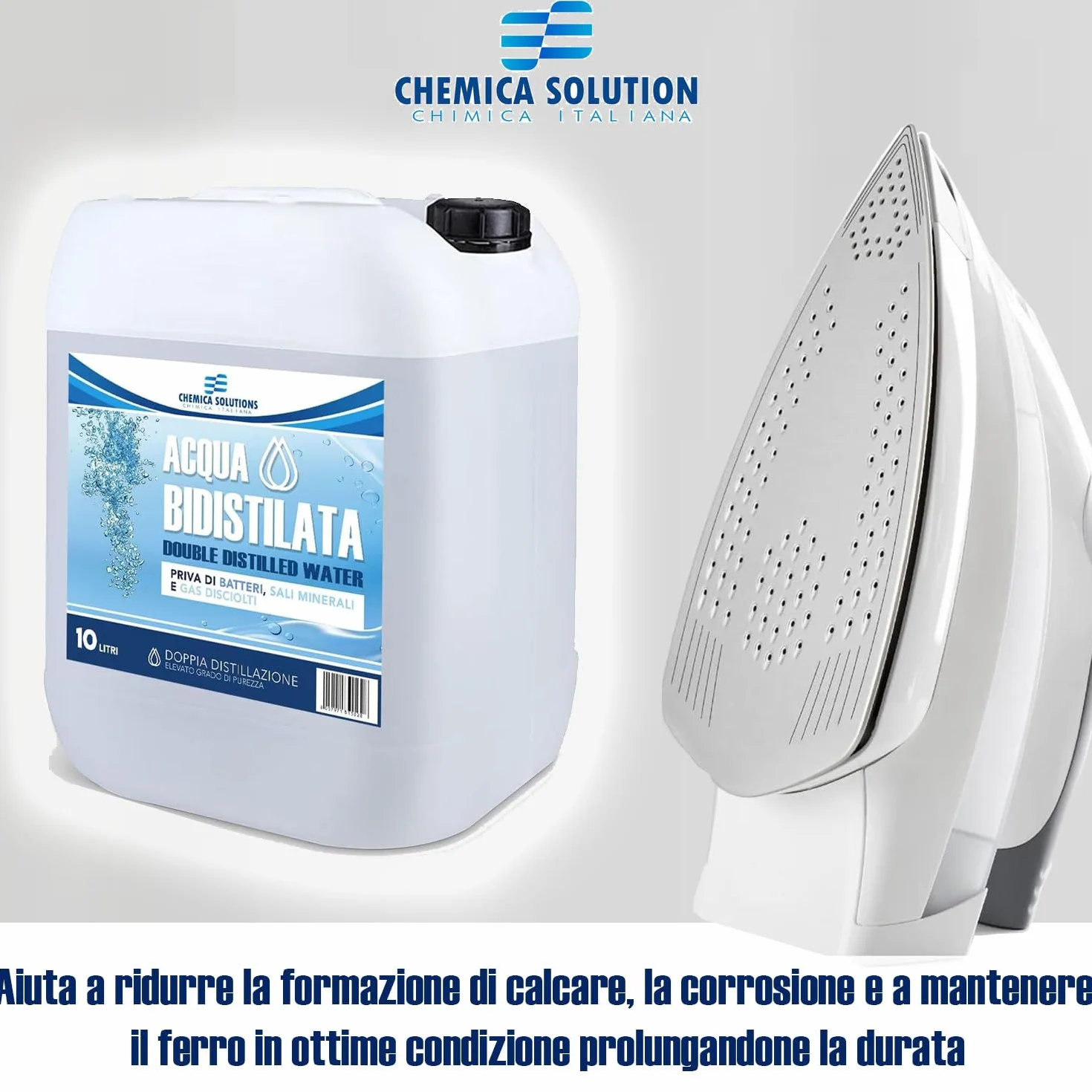 CHEMICA SOLUTIONS Acqua Bidistillata Pura per Uso Industriale e clinico tanica da 10 Litri, Distillata Due Volte, Demineralizzata, per Ferri da Stiro, umidificatori, batterie e Altro Made in Italy