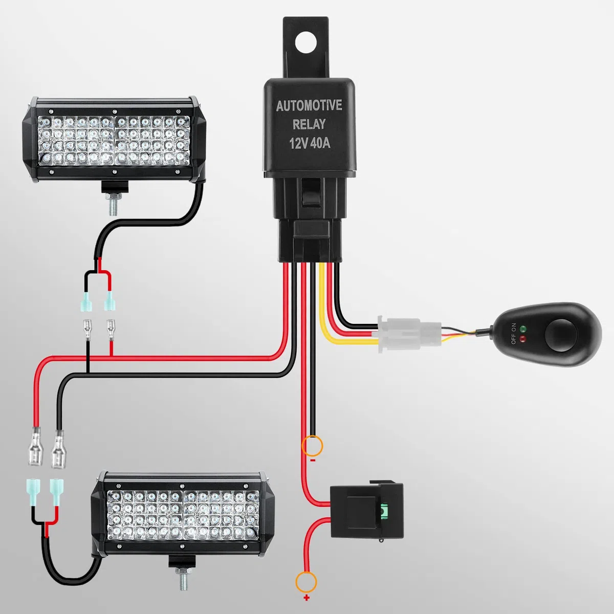 300W Set Cablaggio Fendinebbia con 2 Uscita, 12V Kit Cavi Fendinebbia Cablaggio Auto con relè 40A, interruttore basculante e 3 fusibili per Barra Cabina Barca-ATV Camion SUV e Moto