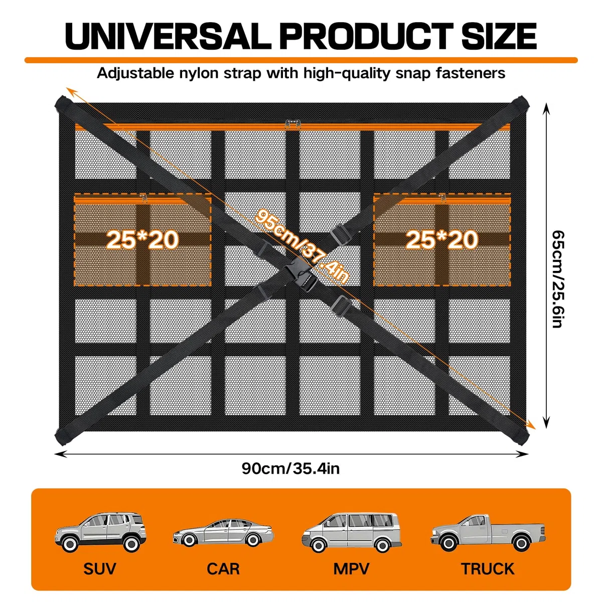 Rete Portaoggetti Auto 90×65cm, Deposito Bagagli Net Soffitto con Cinghie a Croce Regolabili e 3 Tasche con Cerniera, Universale Tetto Interno Borsa Rete Compatibile con SUV, Jeep, Furgoni e Camper