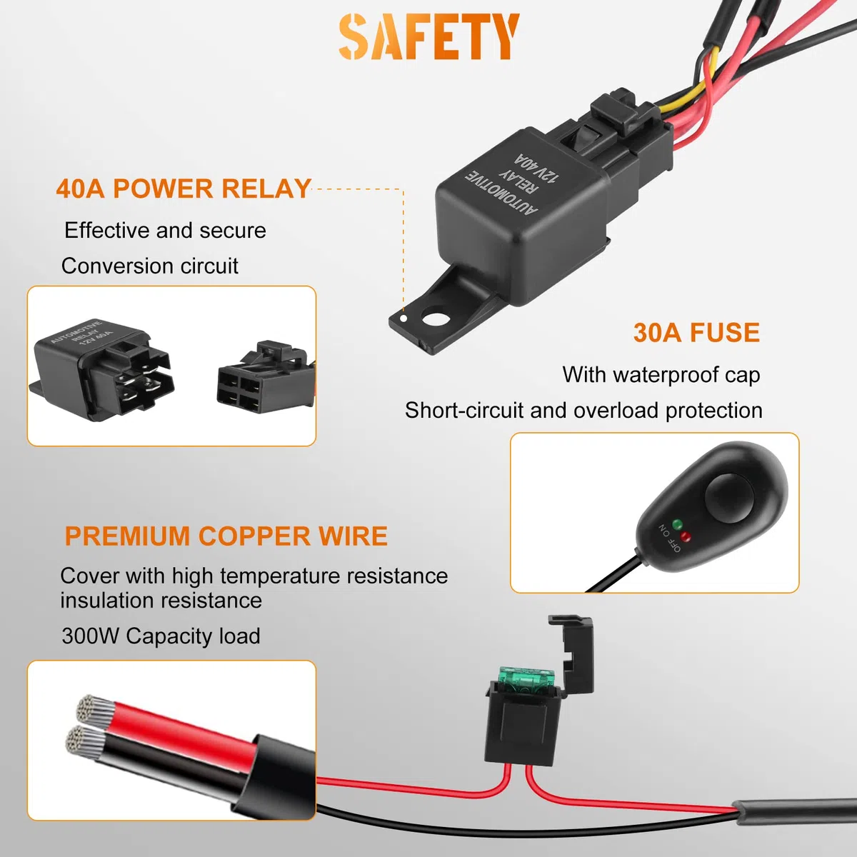 300W Set Cablaggio Fendinebbia con 2 Uscita, 12V Kit Cavi Fendinebbia Cablaggio Auto con relè 40A, interruttore basculante e 3 fusibili per Barra Cabina Barca-ATV Camion SUV e Moto