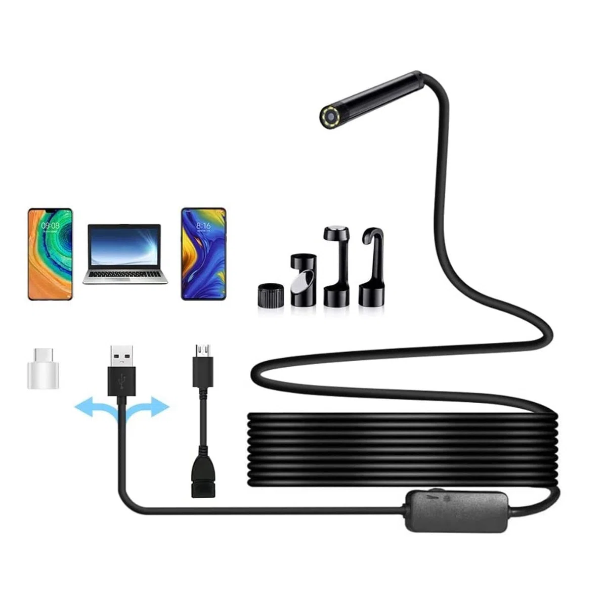 Telecamera per Ispezione con Luce 7mm Endoscopio USB IP67 3MP Angolo di Visione 70 Gradi Cavo Flessibile 2 Metri Compatibilità Universale per Smartphone e Laptop Final Selling Points