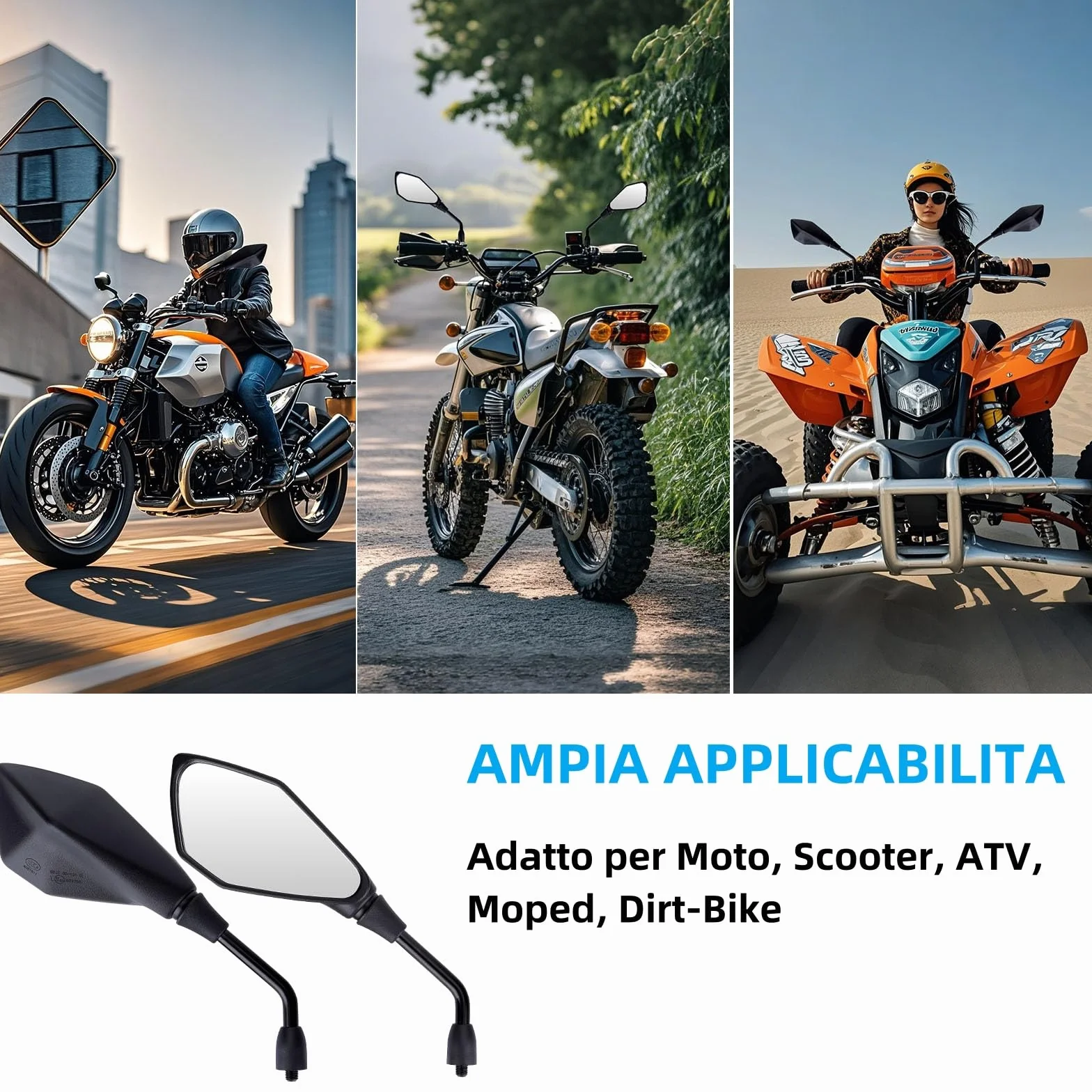 2 Pezzi Specchietti Moto E57 Omologati, Specchietti Moto Manubrio, Specchietto Retrovisore M10 Regolabili per ATV, Scooter, Cruiser, Moped, Quad, Roller