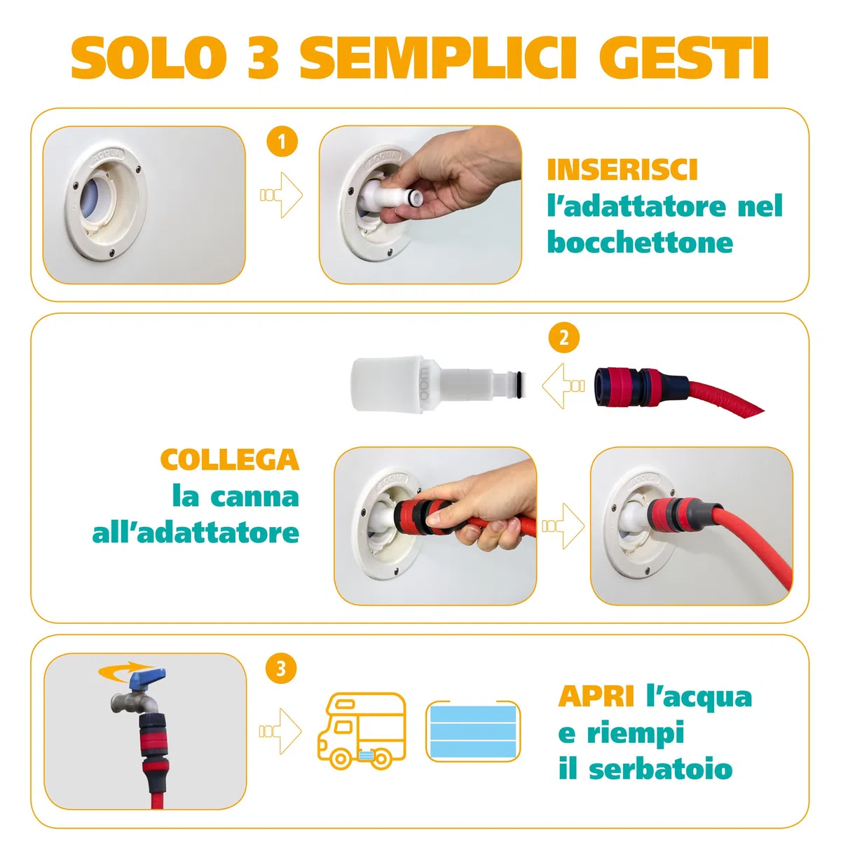 waa - Tappo Acqua Camper Universale, Adattatore Automatico per Carico Serbatoio, 3 Sfiati d’ Aria, Igienico, Sicuro, Semplice, Adatto a Bocchettoni da 28 a 37 mm, Compatibile con Gli Innesti Rapidi