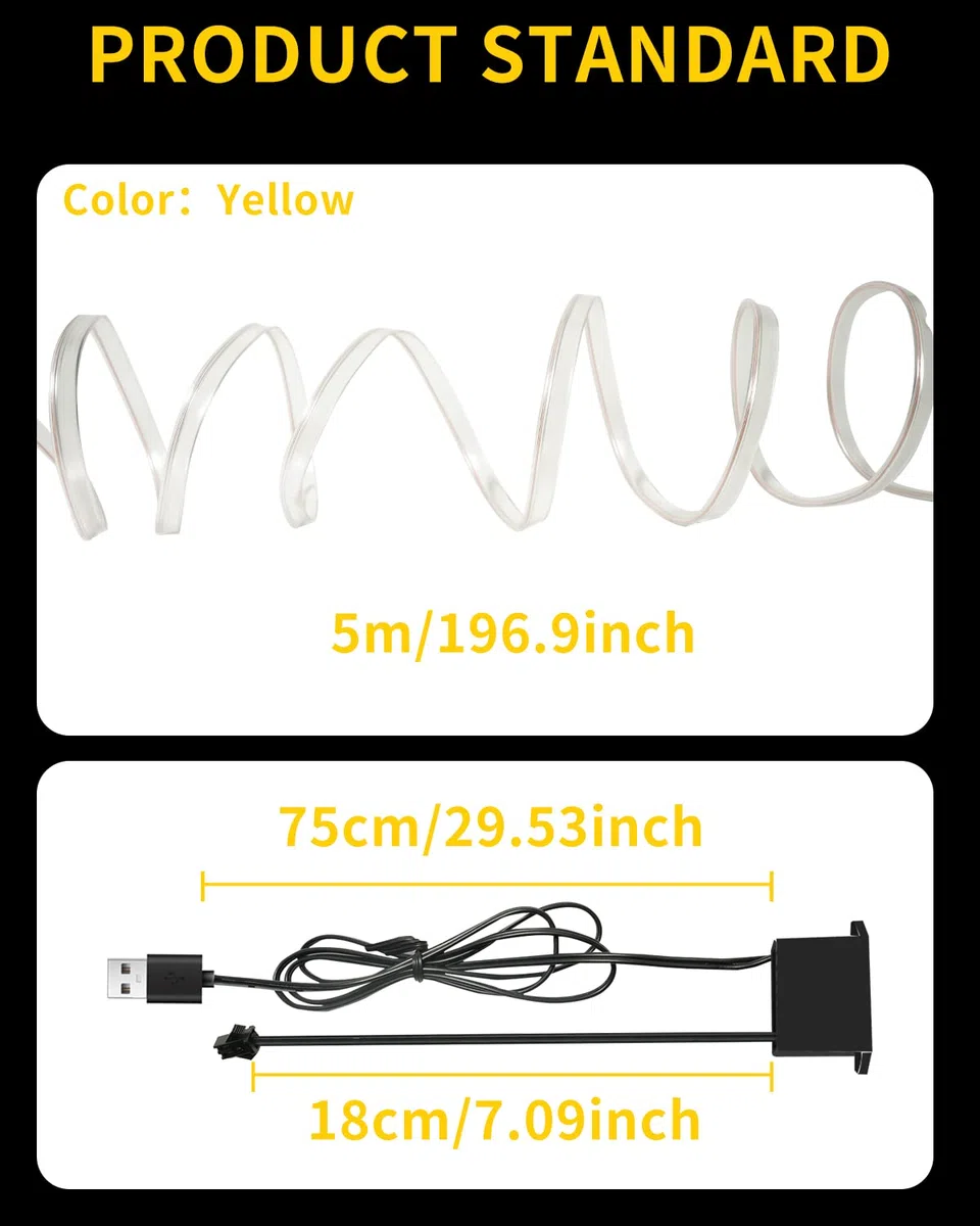 Filo elettroluminescente al neon 5 m/16 piedi per atmosfera decorativa interna dell'auto, striscia luminosa con bordo da cucire, decorazione per insegne fai-da-te con USB (bianco)