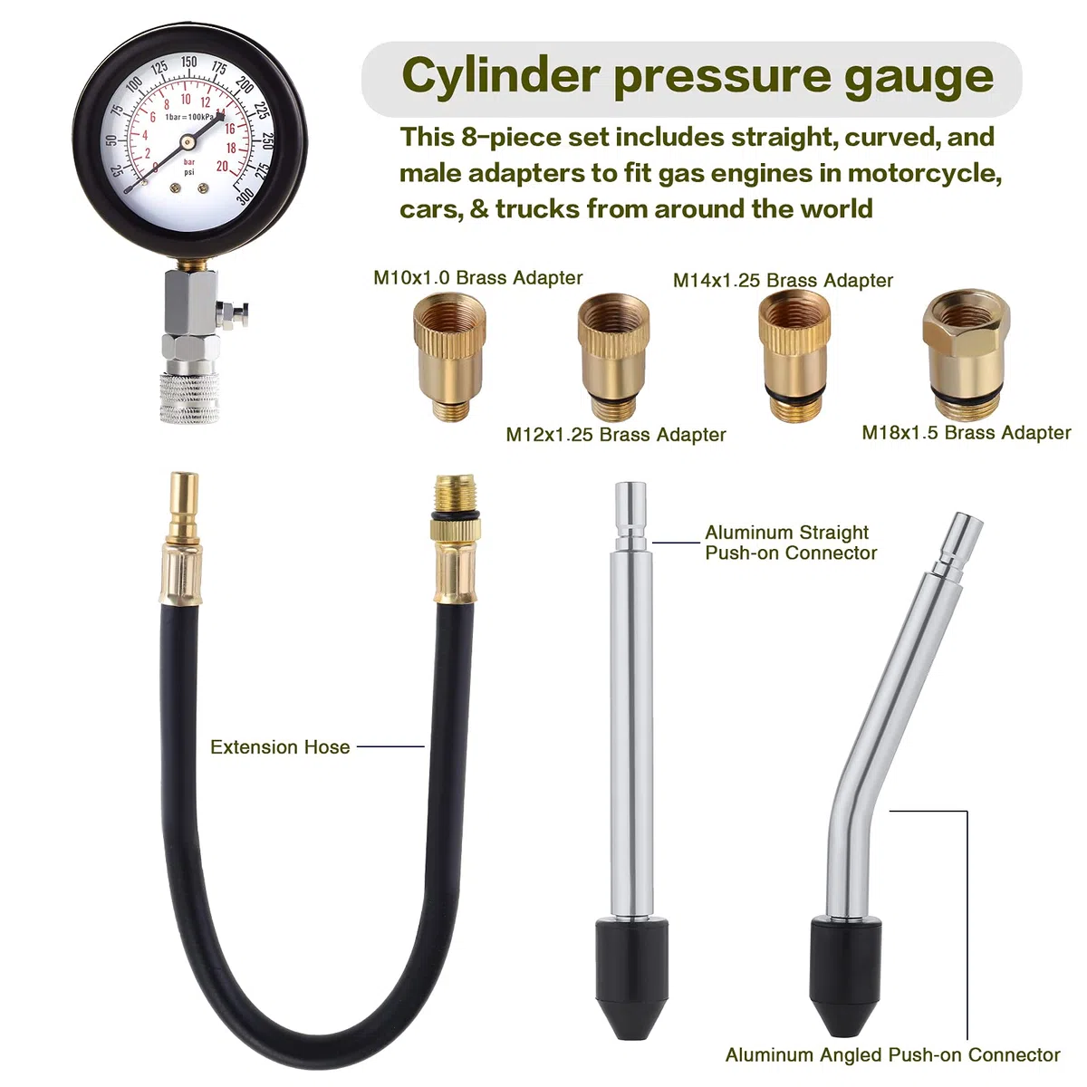 Tester di Compressione, Motori Manometri Compressione, Benzina Motore a Gas Cilindro Compressione Tester Kit con Custodia in Plastica