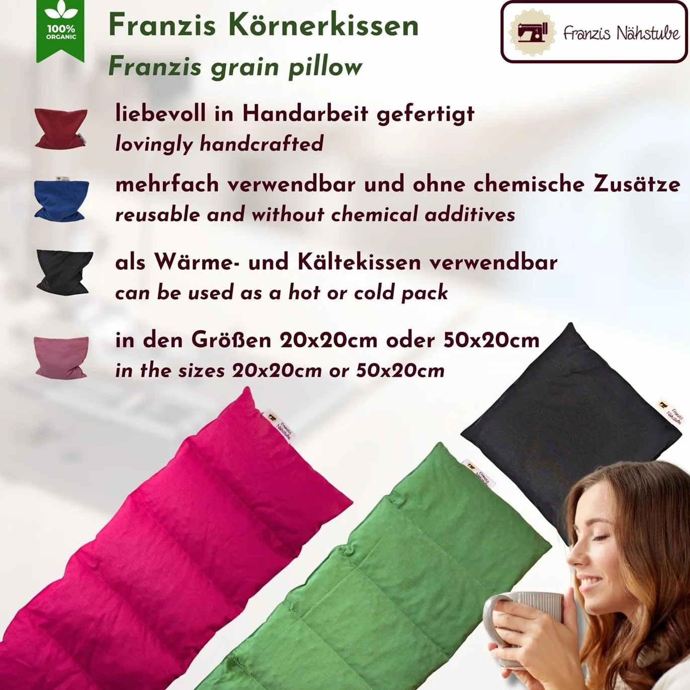 Franzis Nähstube Cuscino termico con semi d'uva, 20 x 20 cm, colore rosa, in 100% cotone, con semi d'uva, 20 x 20 cm, per forno a microonde, cuscino termico