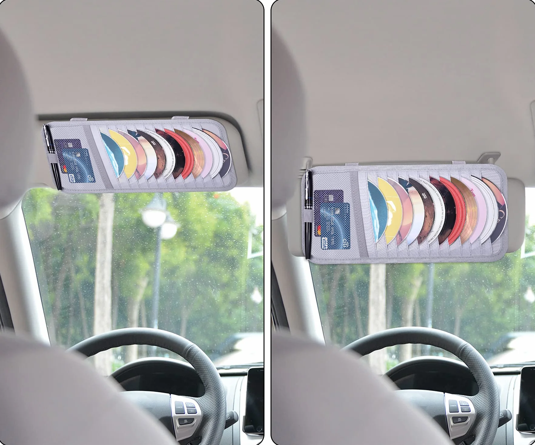 wisdompro Organizer Per Parasole Per Auto, Organizzatore per Visiera Parasole con 12 Custodie per DVD, 1 Tasca in Rete, 1 Portapenne e Cinturino Elastico (Grigio)