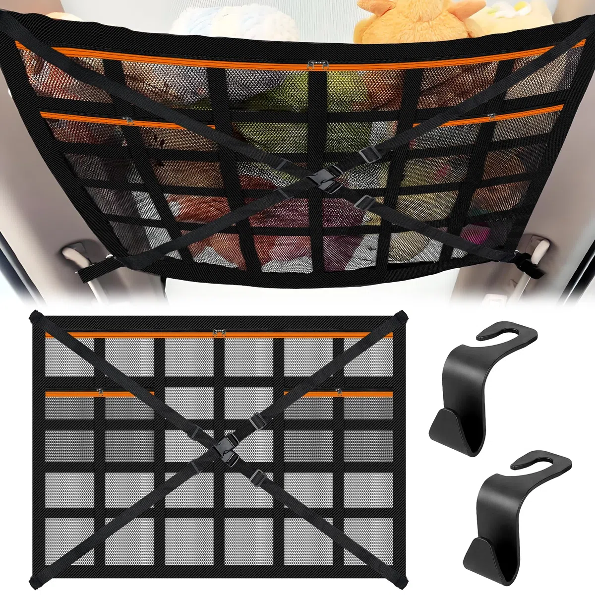 Rete Portaoggetti Auto 90×65cm, Deposito Bagagli Net Soffitto con Cinghie a Croce Regolabili e 3 Tasche con Cerniera, Universale Tetto Interno Borsa Rete Compatibile con SUV, Jeep, Furgoni e Camper