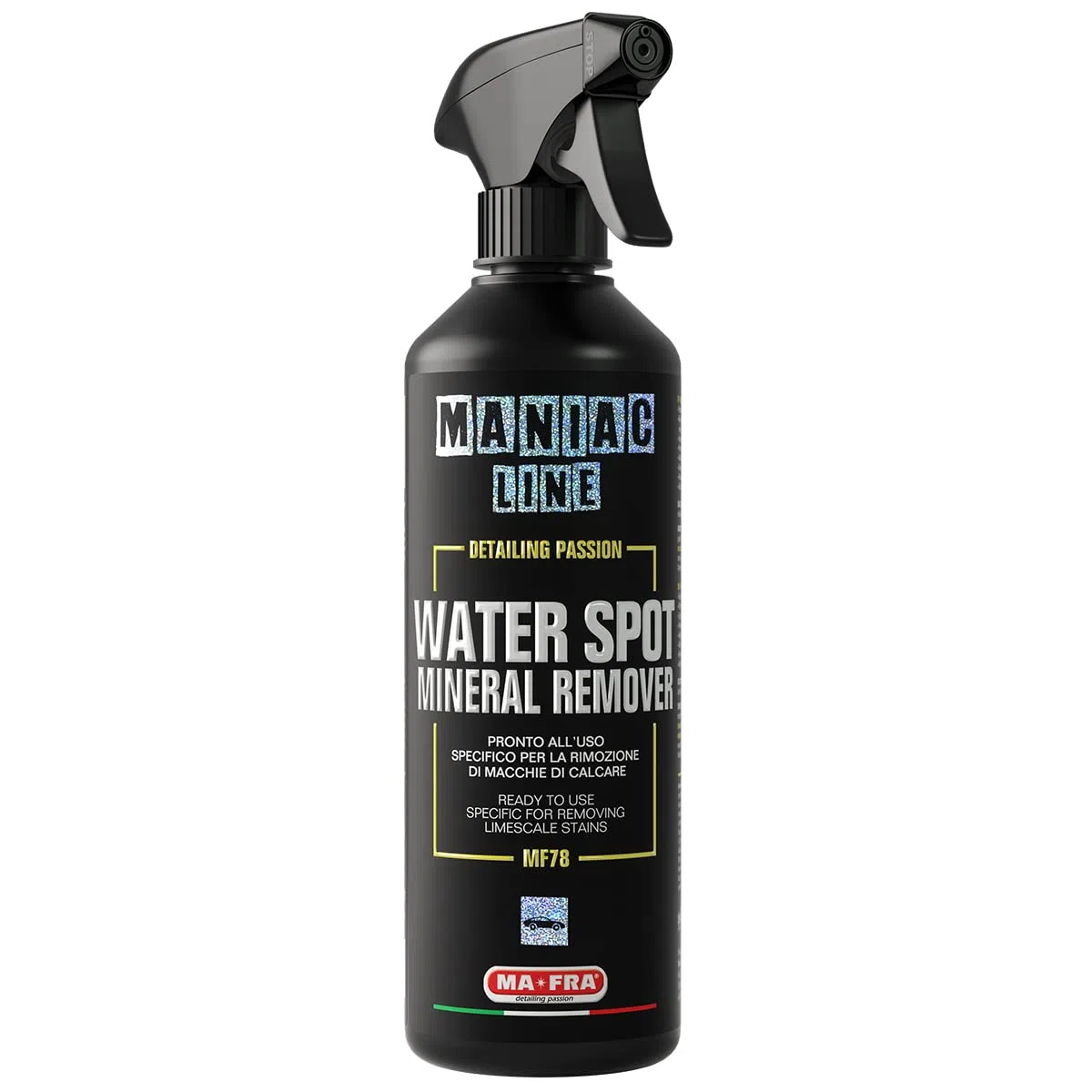 Ma-Fra, Maniac Car Detailing Line, Water Spot Mineral Remover, Decontaminante Specifico per la Rimozione di Macchie di Calcare e Ossidazioni ancorate su Carrozzeria e Vetri Auto, Formato da 500ml