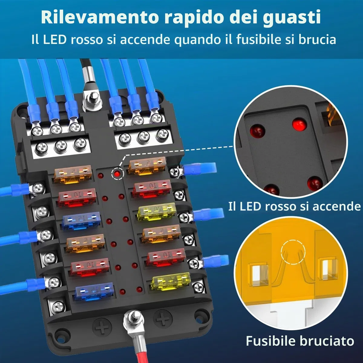 12 Vie Portafusibili Auto 12V con LED, Scatola Fusibili Auto 12 Volt con LED, 24 Fusibili a Lama, Pannello Fusibili 12V per Camper, Barca, Camion, SUV, Trattore, Scatola Porta12 Volt