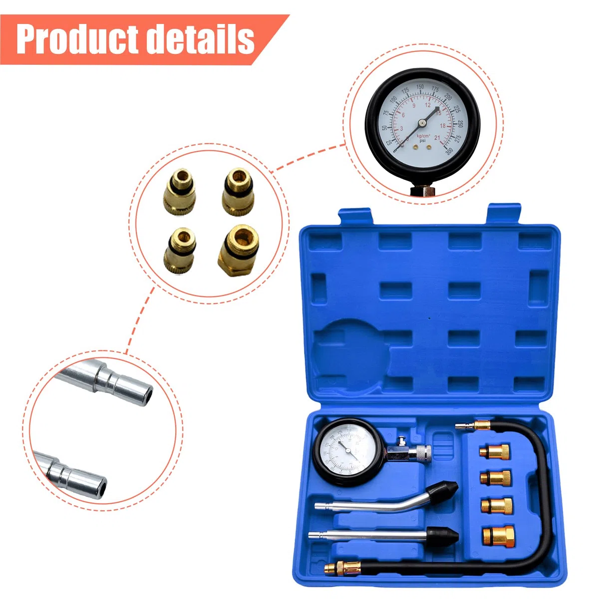 Vaileal Tester di compressione a benzina con manometro per candele e 4 adattatori, 0-20 bar o 0-300 psi, tester di pressione M10, M12, M14, M18 per auto, camion