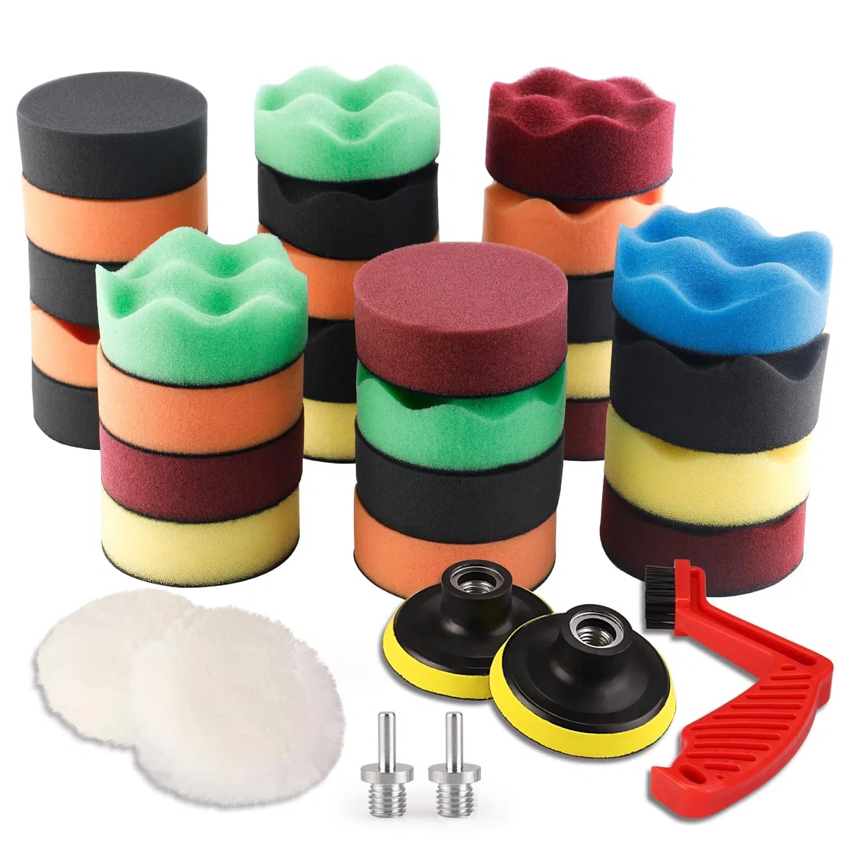 SPTA 34Pcs Kit Composto Tampone Lucidatura Lana Spugna per Lucidatura Auto Lucidatrice per Auto con Kit Adattatore Trapano M14 + Disco per Lucidatura + Spazzola di Pulizia (3 Pollici)