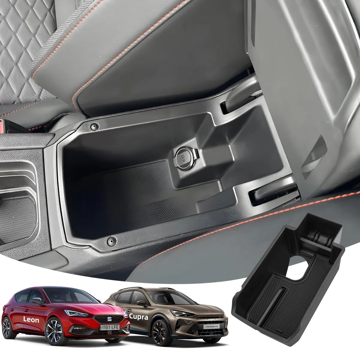 Vano Portaoggetti per Bracciolo per Seat Leon 2025 2024 2023 2022 2021 2020, Console Centrale Organizer con Tappeti Antiscivolo per Cupra Formentor, Bracciolo Organizer Accessori, Nero