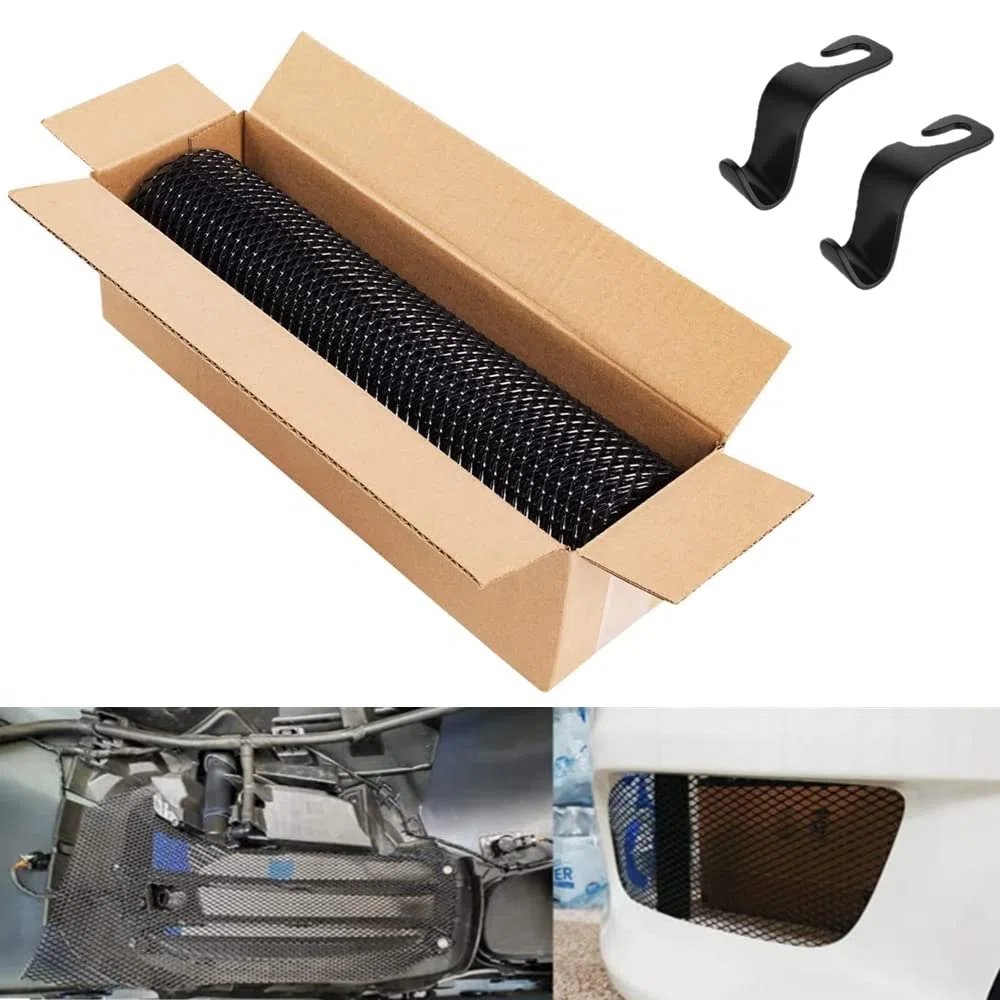 Griglia Auto Griglia Paraurti,Foglio di rete per griglia auto 100 * 33 cm, Universale Griglia Per Auto Ventilazione di alluminio, griglie da 3 x 6 mm + 2 ganci per seggiolino (nero)