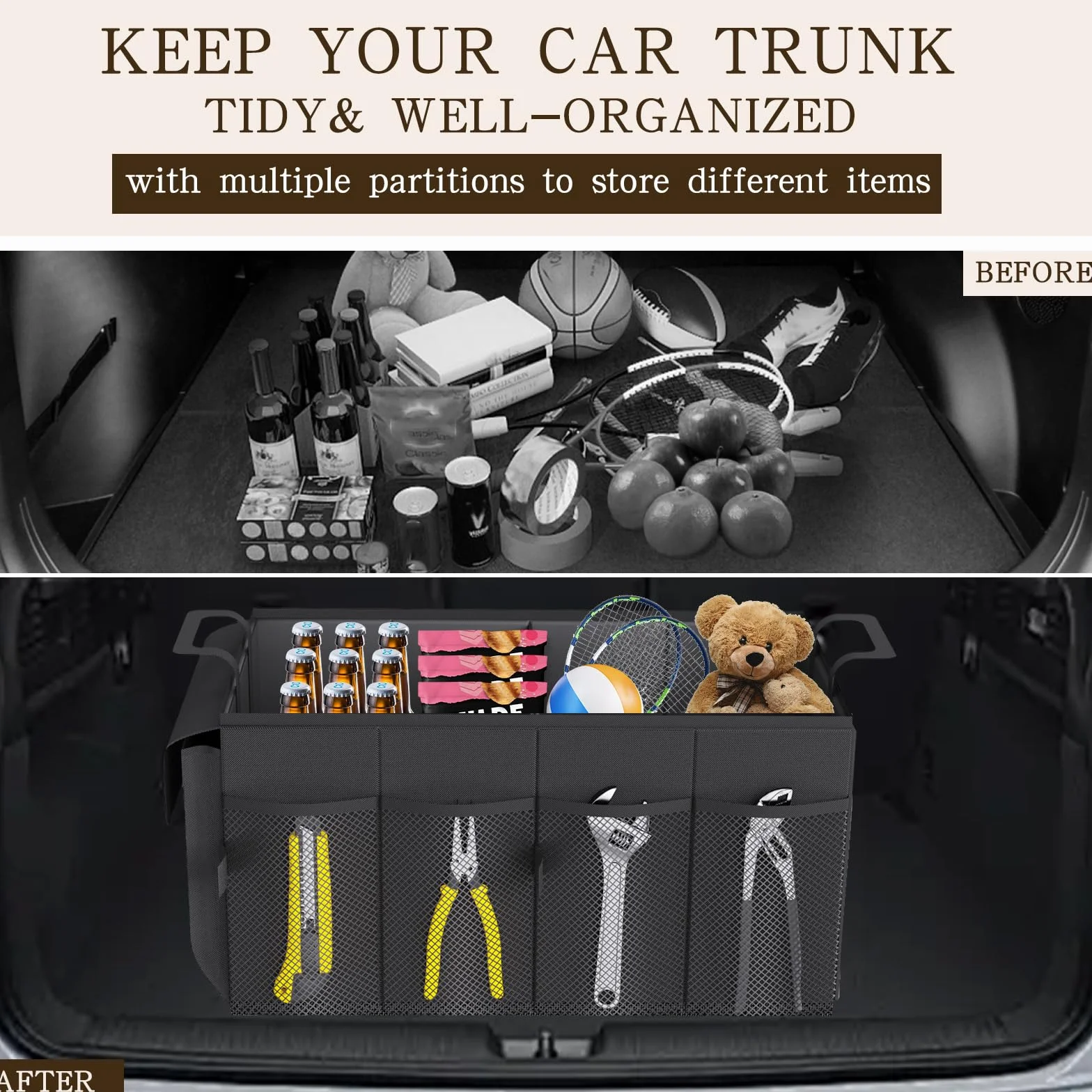 Beicarin Organizer per bagagliaio per auto, organizer pieghevole per bagagliaio per SUV e berline, robusta organizzazione per accessori auto, strumenti, articoli vari, dimensioni 51 x 34 x 27 cm