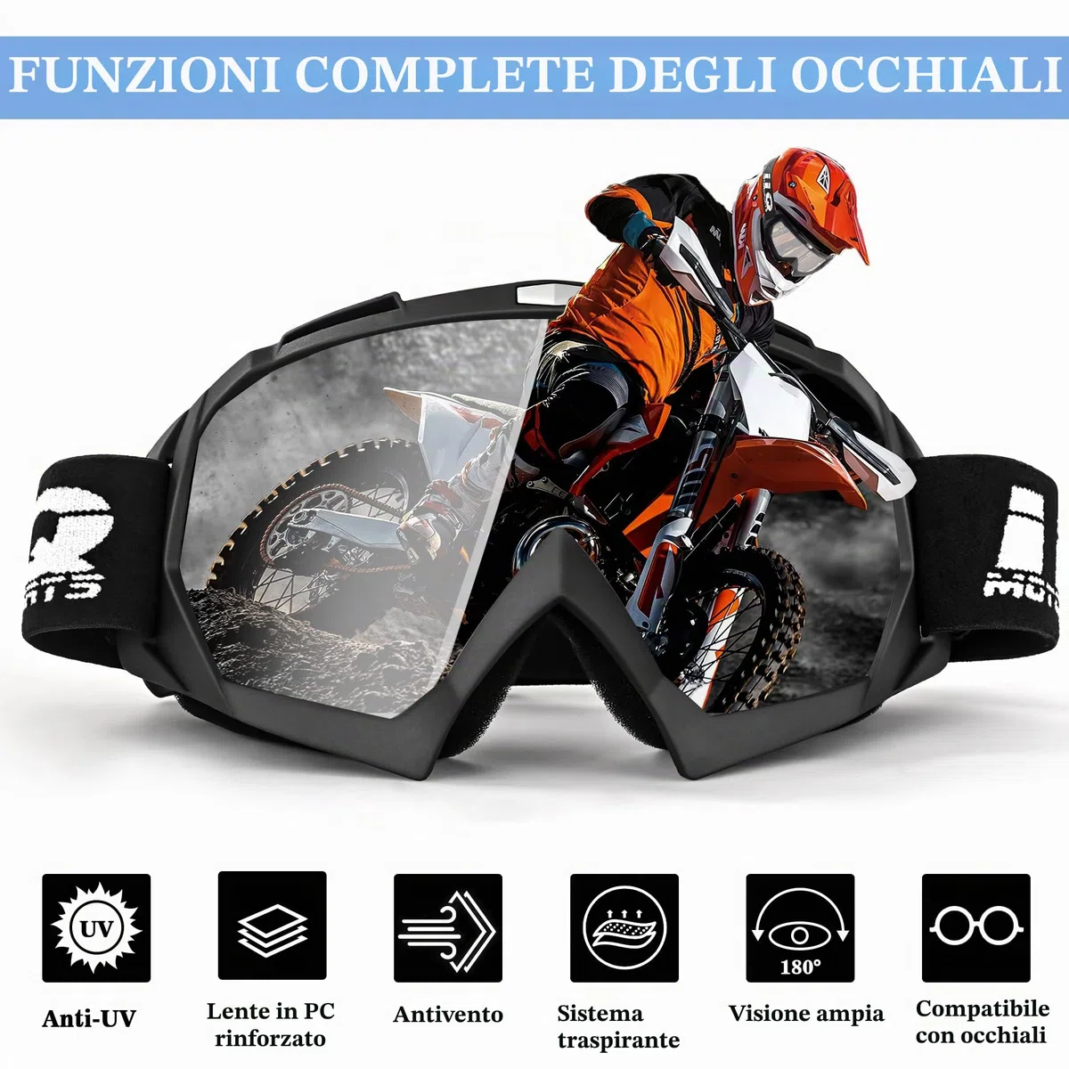 Maschera Motocross,Occhialoni Moto Visiera Cross, Occhiali Da MTB/Enduro, Occhiali Da Moto, Occhiali MX Per Uomini Donne Giovani, Adatti A Occhiali Da Mtb Mascherine Casco Cross