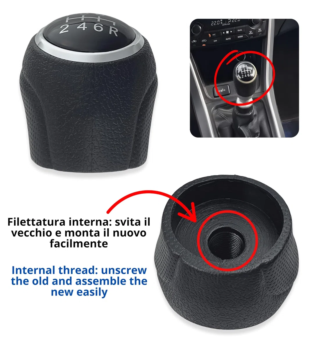 1neiSmartech Pomello per Leva del Cambio 6 Marce Compatibile con Suzuki SX4, SX4 S-Cross 2013–2022 e Vitara III 2015–2022, Nero con Filettatura Integrata