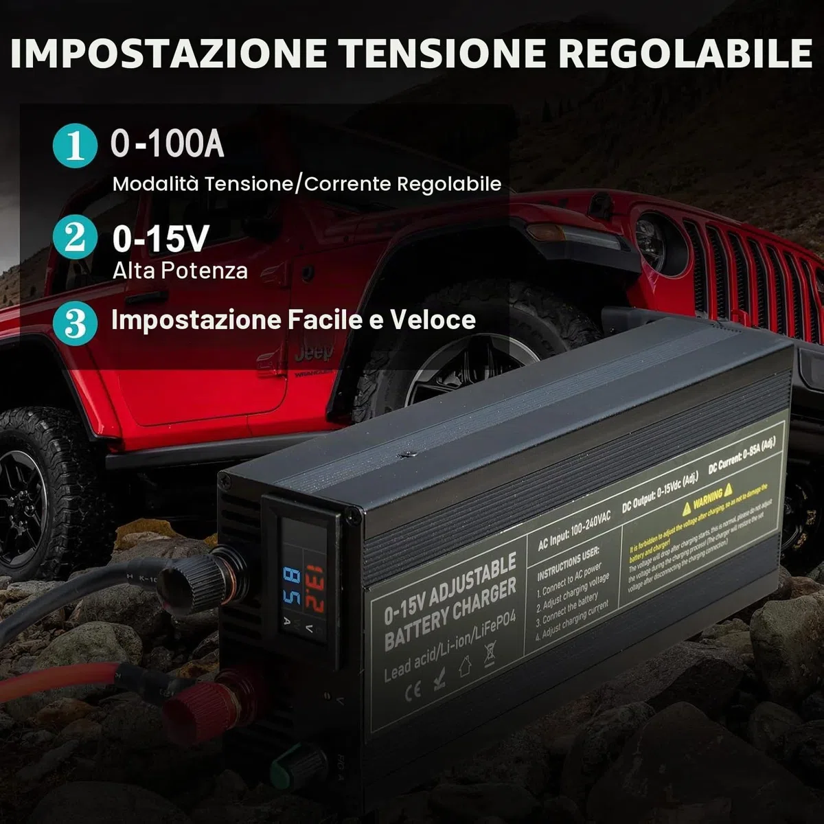 Caricabatterie LiFePO4 14.6V 100A con Cavo Sostituibile, Caricabatterie Litio 0-15V/0-100A con Regolazione di Precisione della Tensione a Multigiri Per Auto, Camion, Moto, Tosaerba, Barca