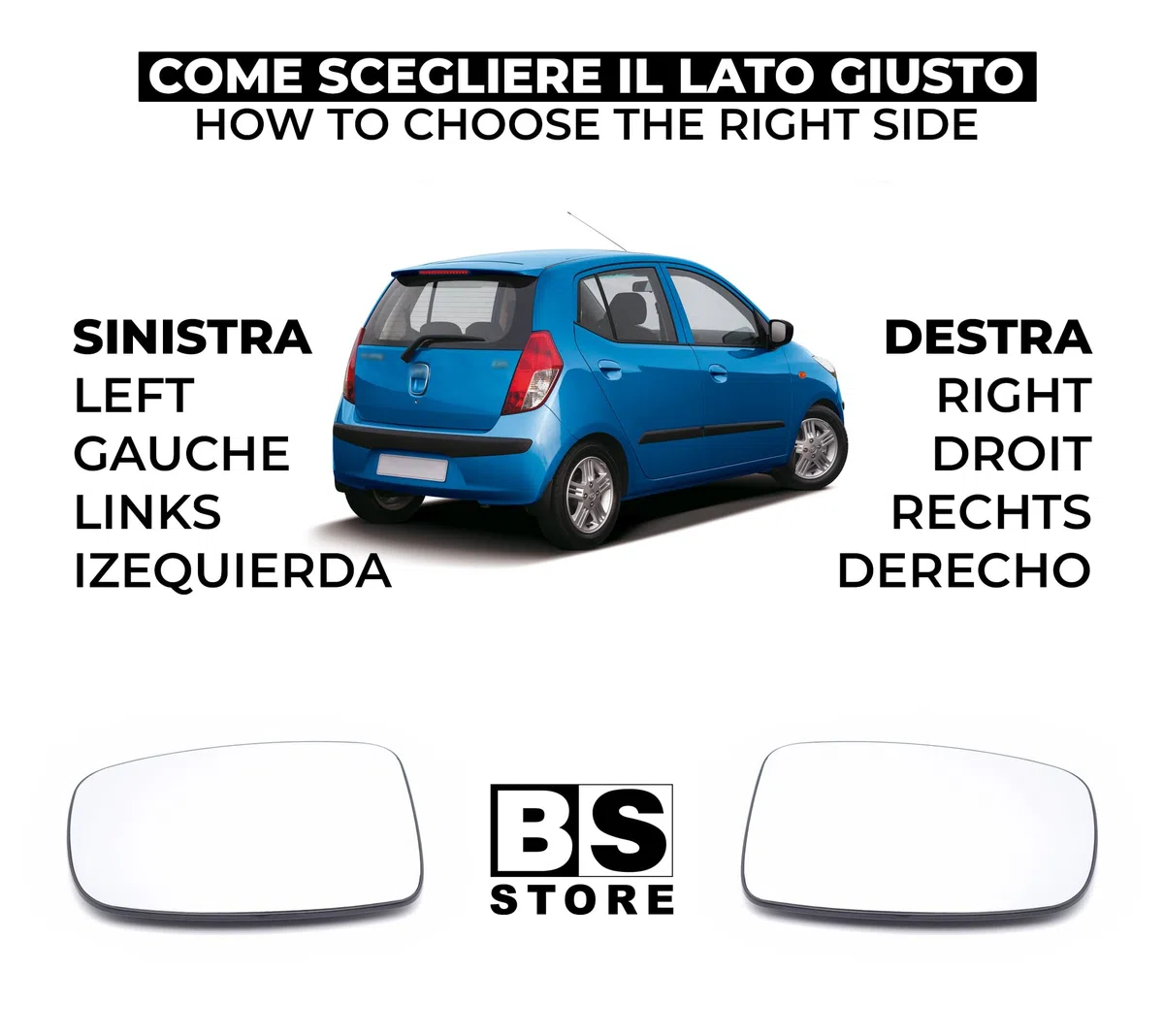 BSSTORE Vetro Specchietto Retrovisore per I10 I 2008-2013 (Destro - Lato Passeggero)