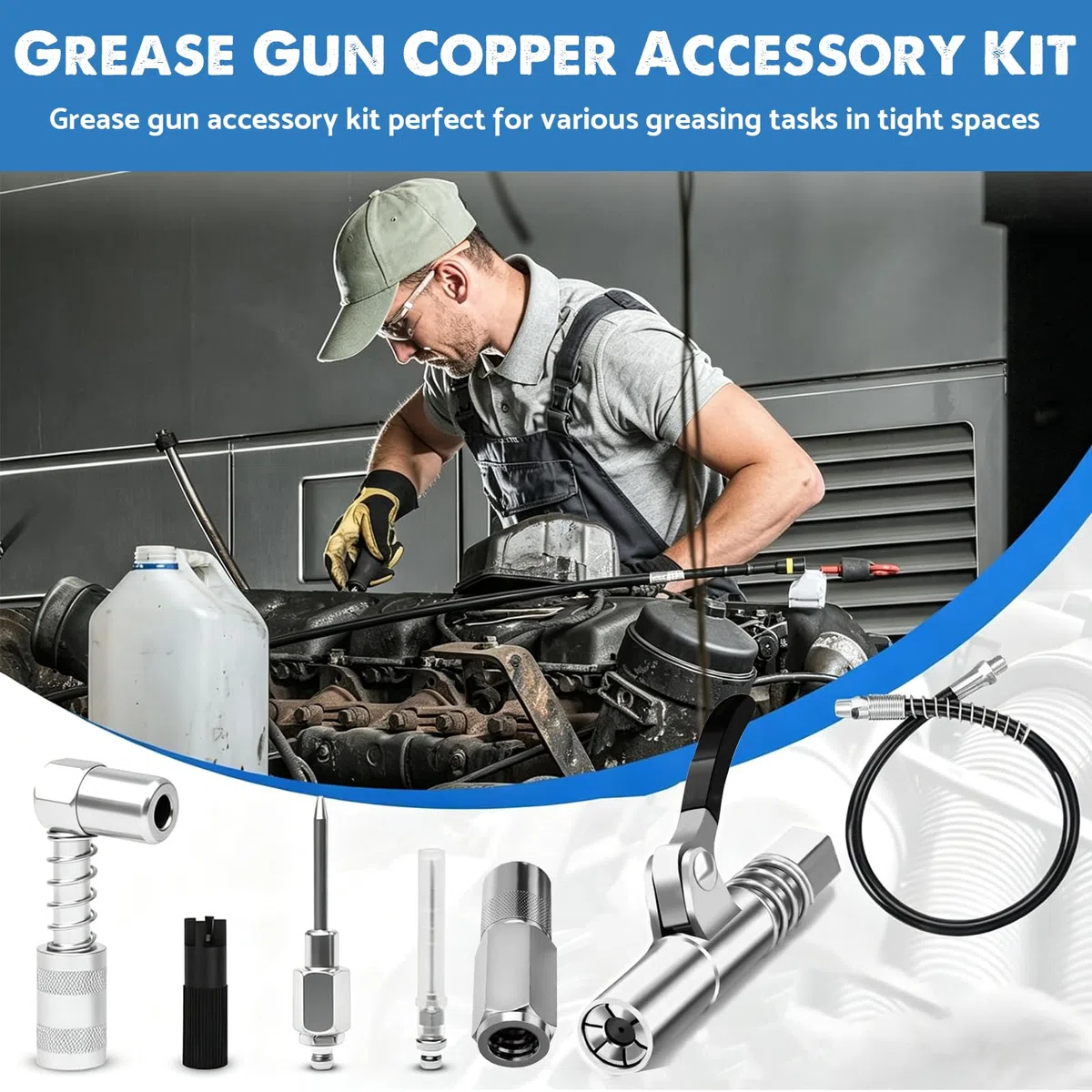 Set di bocchini per grasso, 8 pezzi, con attacco rapido, adattatore per pressa grasso, adattatore per frizione a 90 gradi, tubo per pistola grassa da 30 cm, compatibile con tutte le presse per