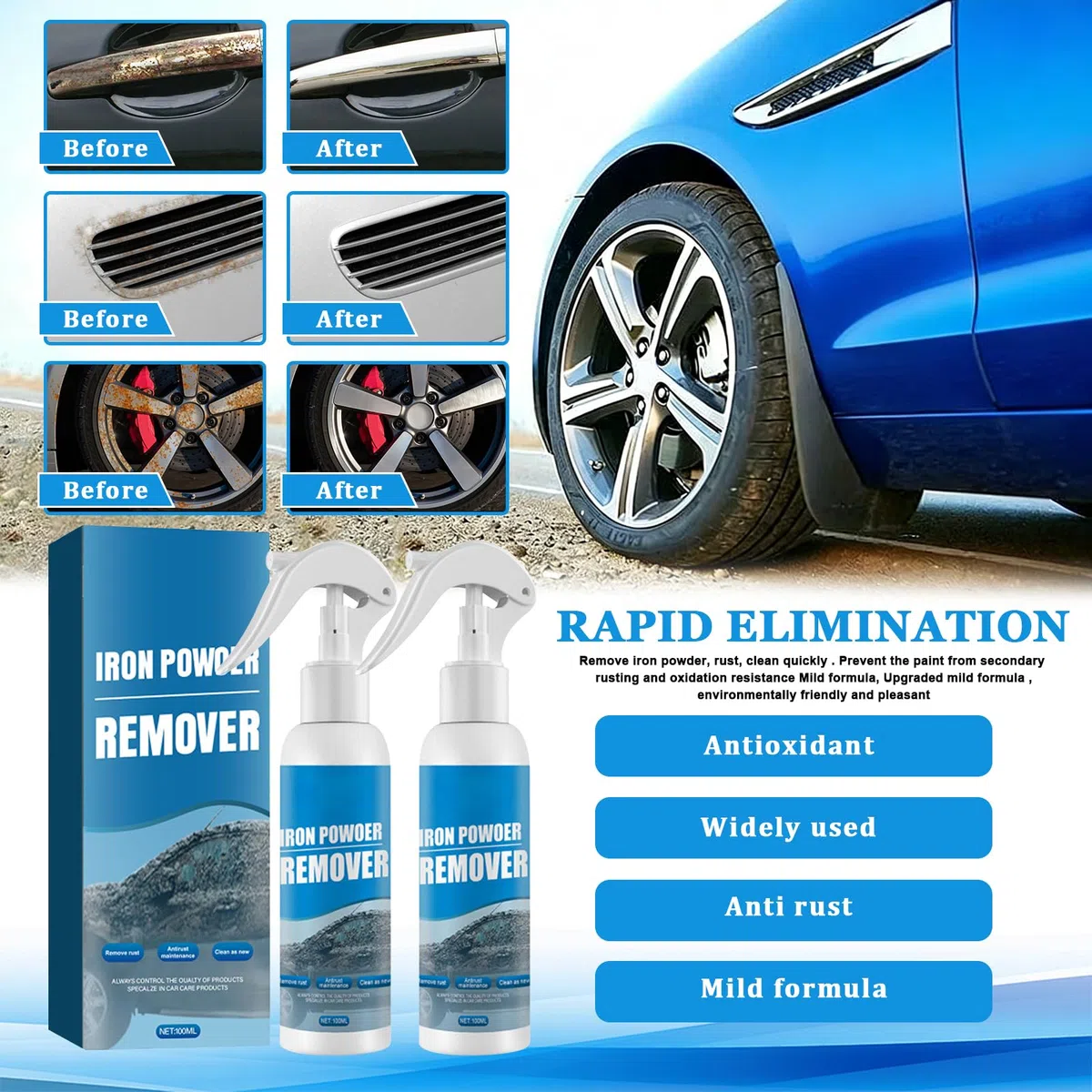 2 Pezzi Convertitore Ruggine, Spray per Rimuovere la Ruggine, Eliminare Ruggine da Metallo, Multifunzionale Antiruggine Sprays, Antiruggine per Ferro, per Automobili, Biciclette, Metallo