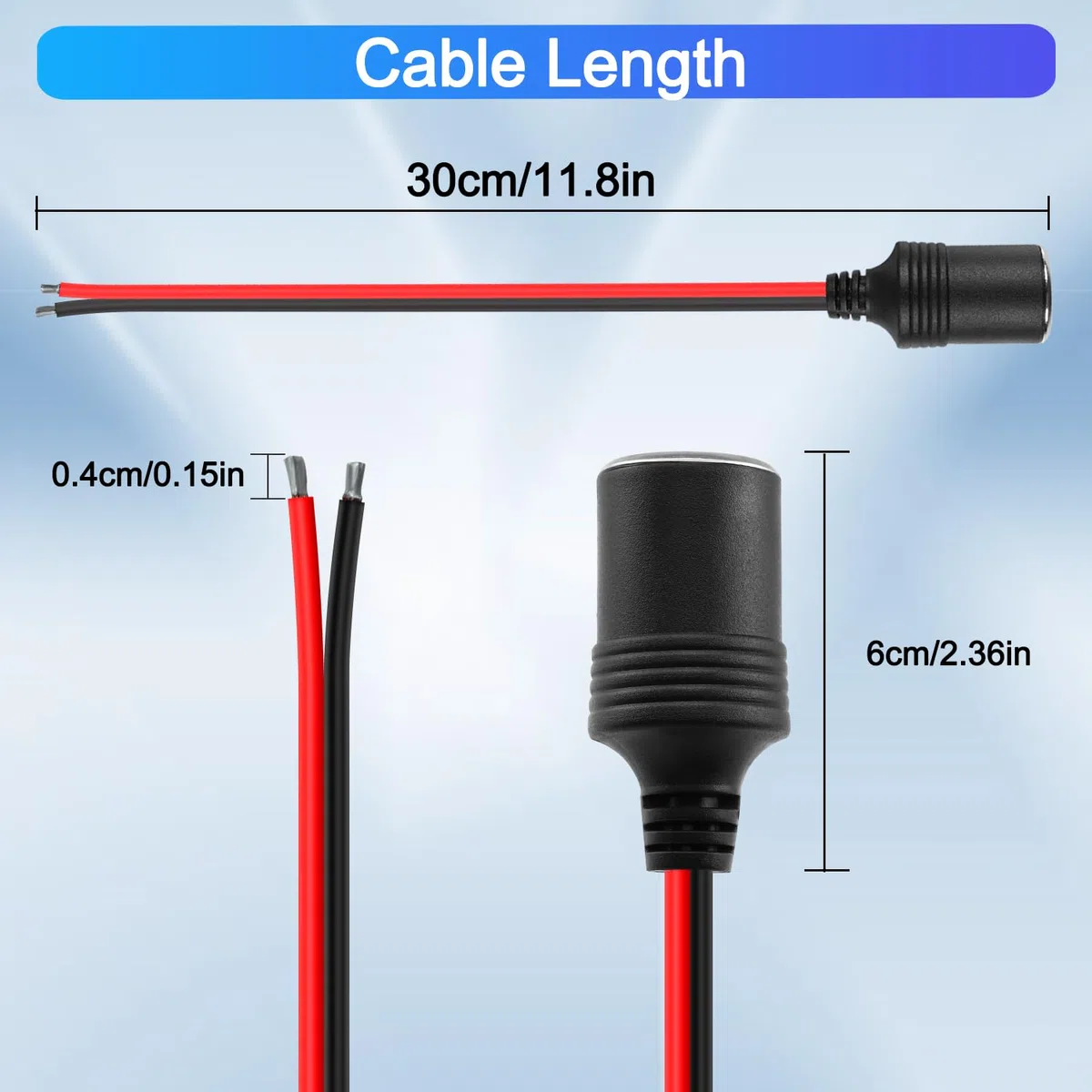 3 prese femmina per accendisigari da 14 AWG con cavo placcato in stagno, 12 V 24 V, cavo di alimentazione universale per riparazione e sostituzione dell'accendisigari dell'auto, 30 cm
