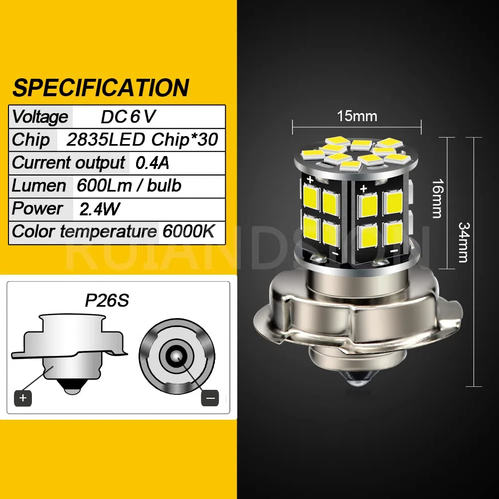 Ruiandsion 2pcs P26S Lampadina LED 6V Bianco Super Bright 2835 30SMD Chipset Lampadina LED per moto Faro moto