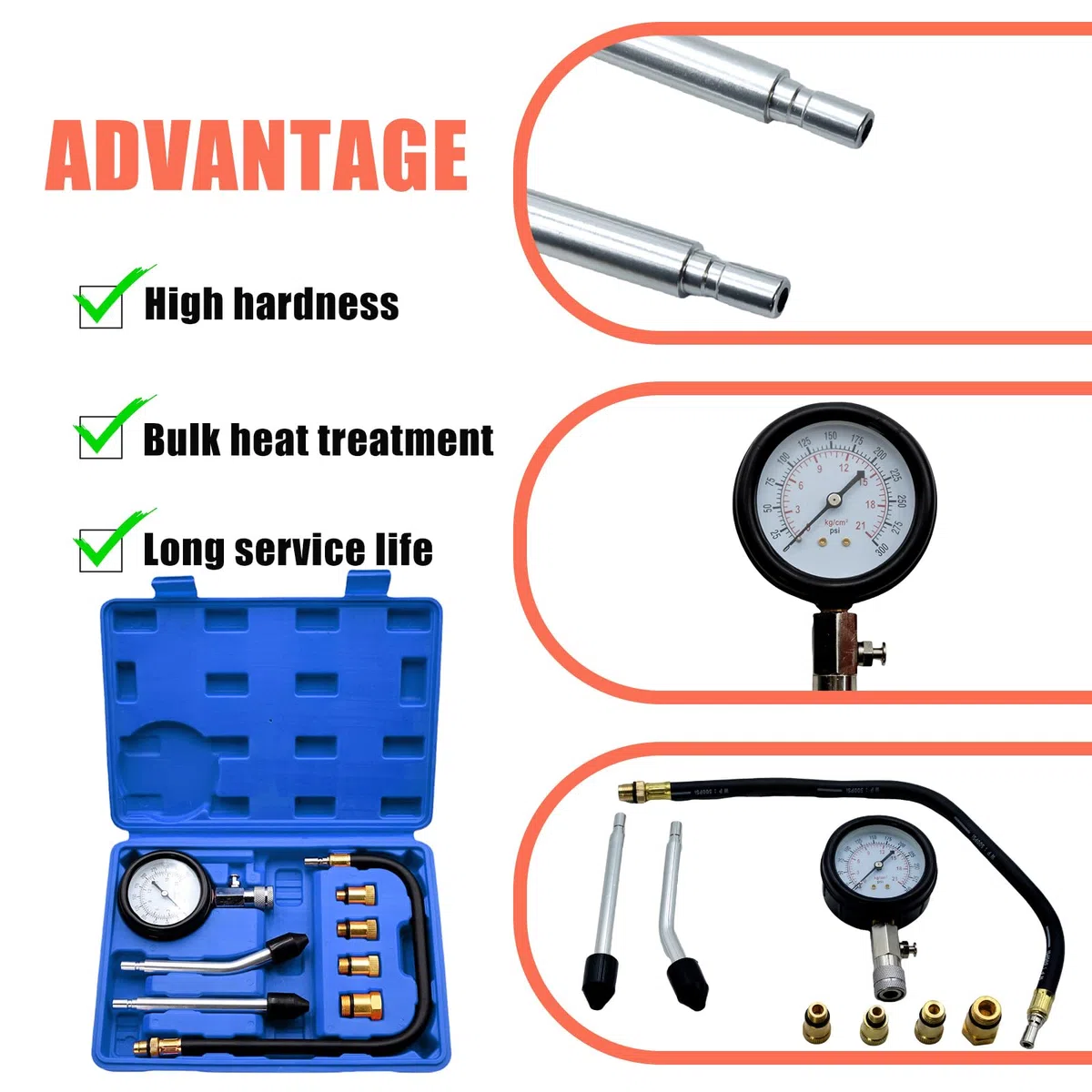 Vaileal Tester di compressione a benzina con manometro per candele e 4 adattatori, 0-20 bar o 0-300 psi, tester di pressione M10, M12, M14, M18 per auto, camion
