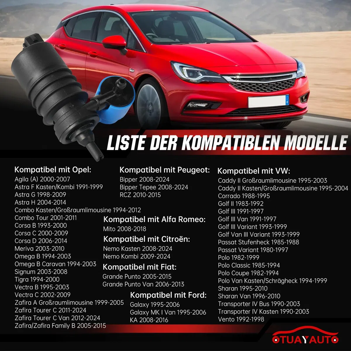 Pompa dell'acqua di lavaggio compatibile con Astra G, Astra H, Corsa B, Corsa C, Corsa D, Meriva X03, Zafira A, Zafira B, Transporter IV, OTUAYAUTO Pompa per lavavetri