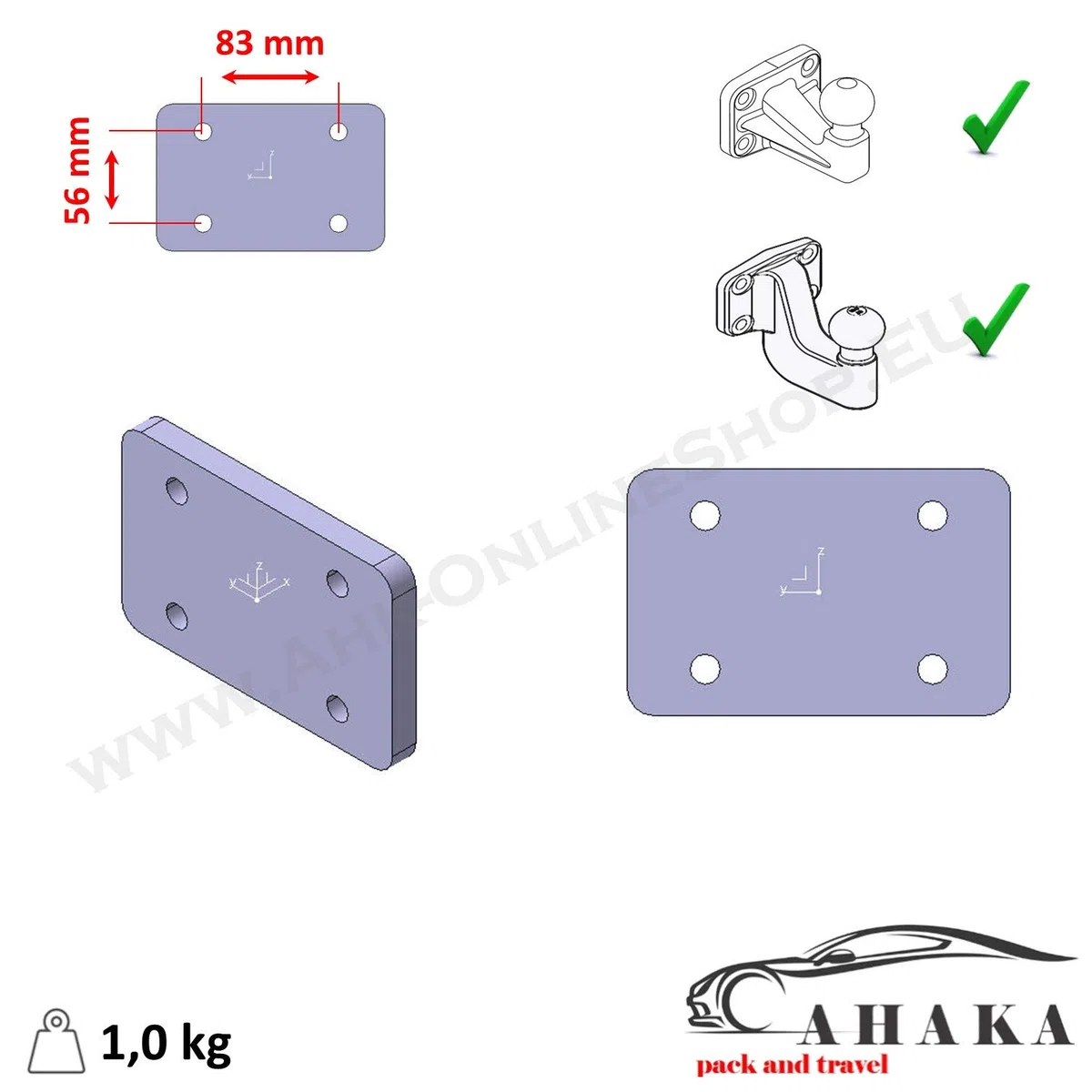 AHAKA Piastra distanziatrice 12 mm per gancio di traino a flangia, cavalletto 83 x 56 mm, adatta per tutte le teste a sfera con foro 83 x 56 mm, in acciaio per costruzioni, nero opaco