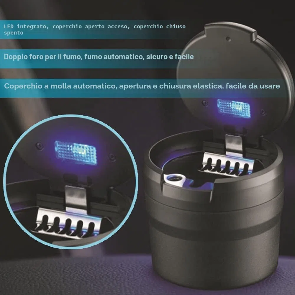 Posacenere auto, Posacenere per auto rimovibile facile da pulire con luce a LED con coperchio a scatto, portacenere autoestinguente per auto da campeggio allaperto(Nero)