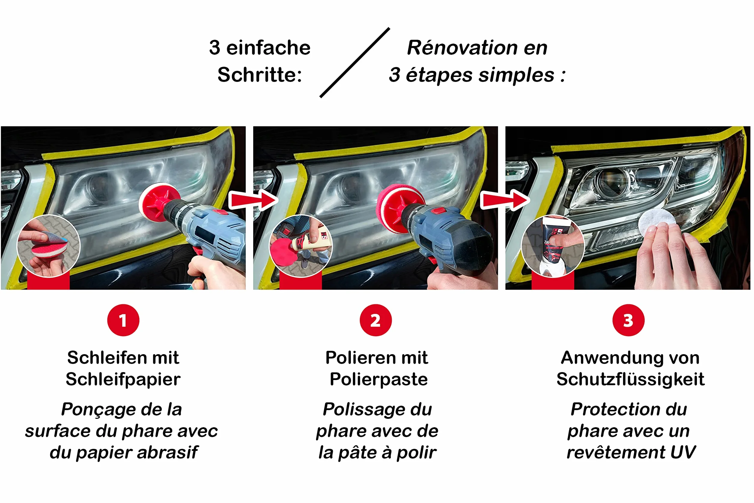 Rinnova fari auto - Kit lucidatura fari HS - Lucida fari auto opachi e ciechi - Kit rinnova fari auto completo - Set di rinnovamento per fari made in EU