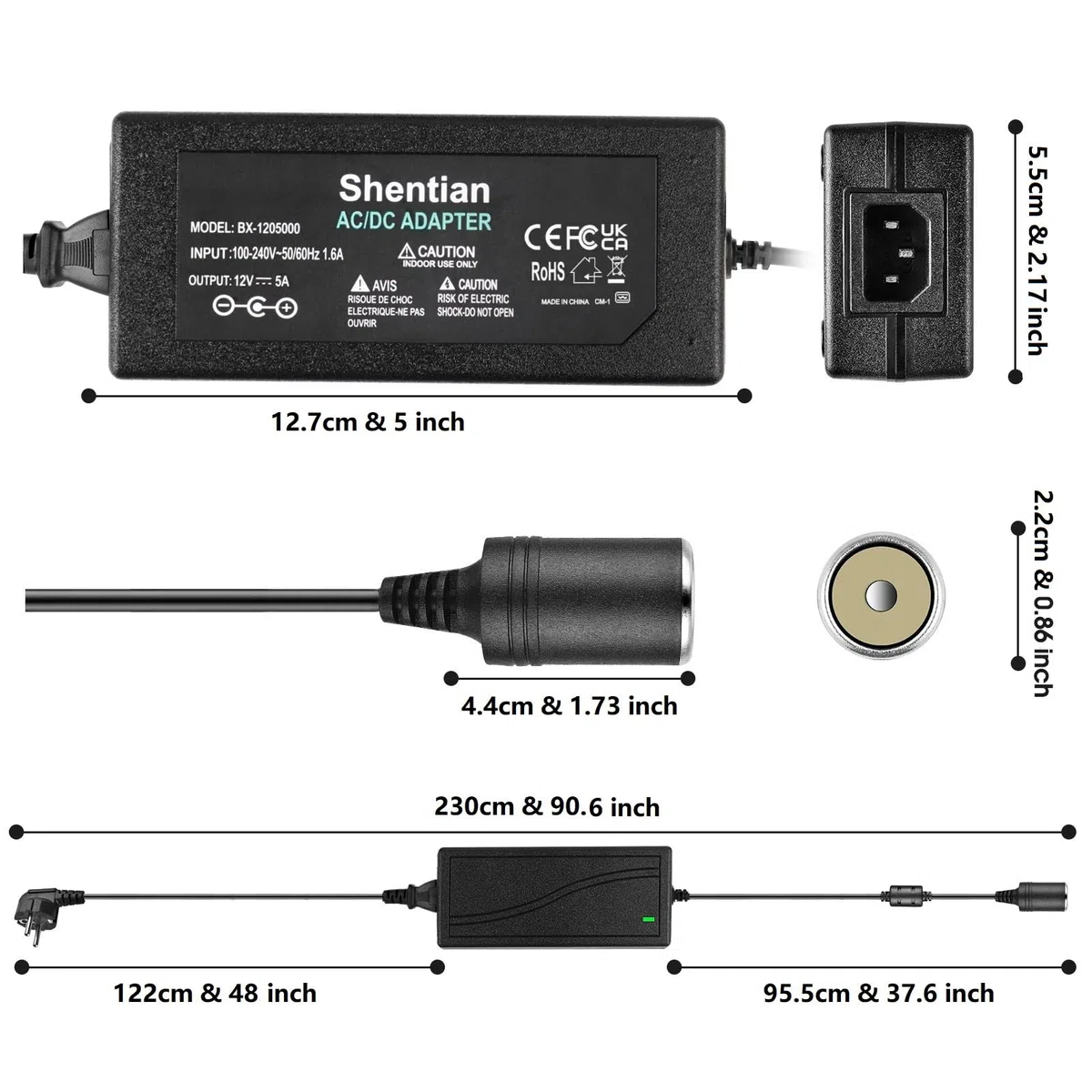 Shentian presa Accendisigari per Auto Adattatore da AC a DC da 100V-240V a 12V 5A Alimentatore per Caricabatteria da Auto Universale