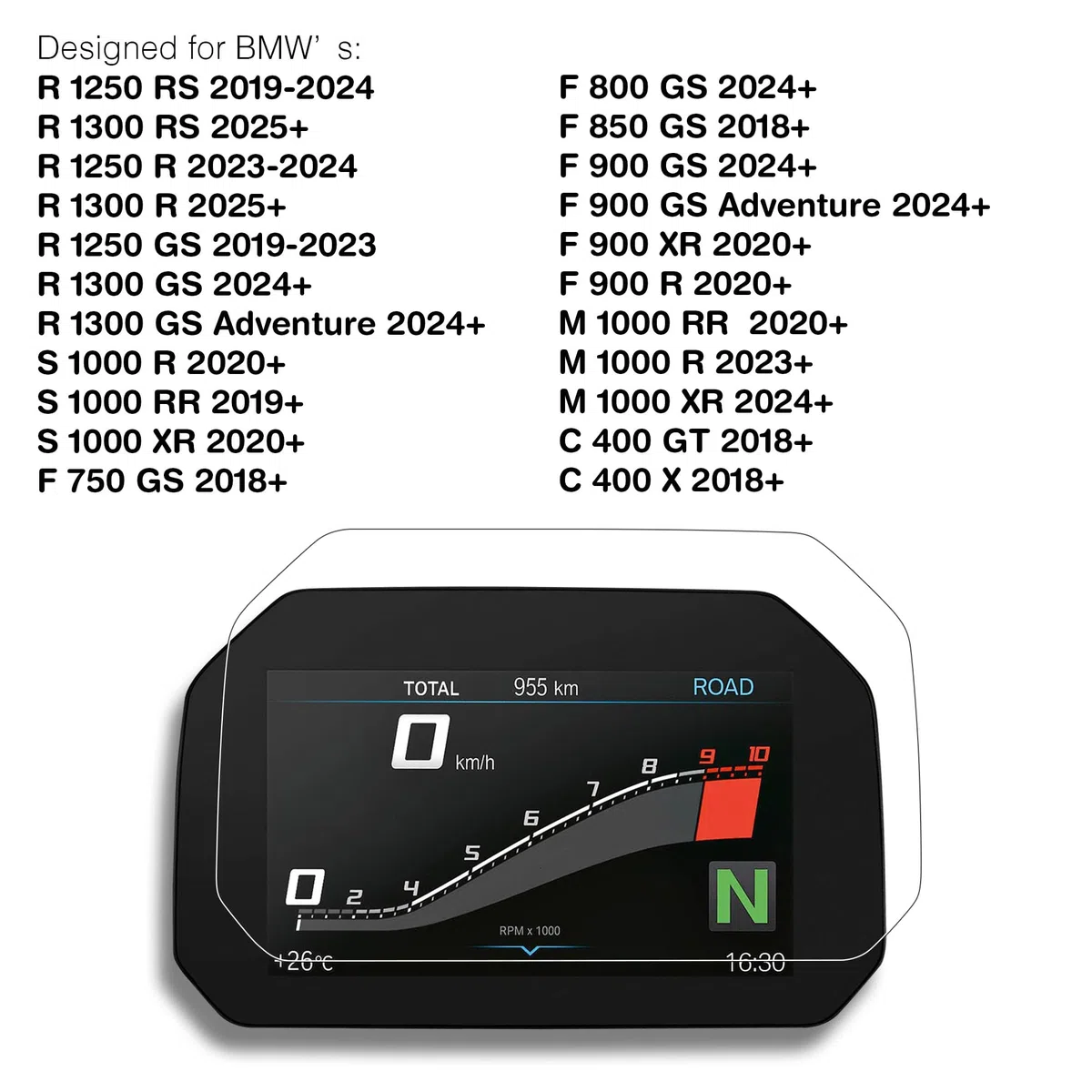 Pellicola protettiva in vetro per BMW R 1250/1300 R/RS/GS, S1000 R/RR/XR, F 750/800/850/900 GS (Adventure), F 900 R/XR, M1000 R/RR/XR, C400 GT/X Instrument 6,5 pollici (HD trasparent)