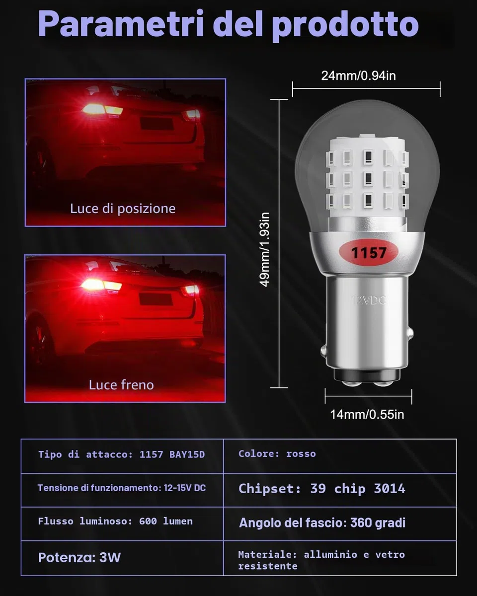 Alopee Lampadina LED P21/5W Rosso - Confezione da 2 Luce di Coda e Freno BAY15D 1157 2057 7528, 39SMD Alta Luminosità 12-15V DC, Ricambio per Lampada Alogena