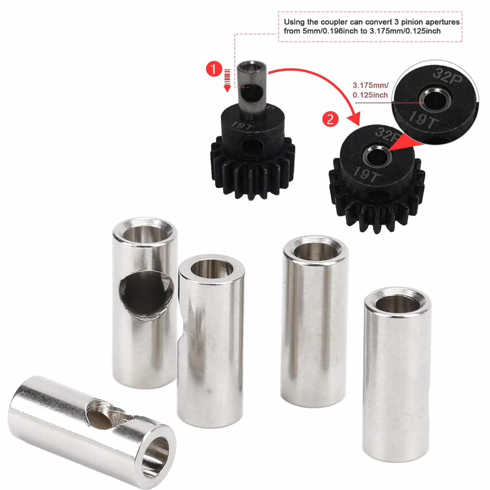Cambio Dell'asse del Motore Dell'albero Dell'adattatore del Manicotto del Riduttore del Pignone da 3.17 Mm a 5 Mm Per La Conversione,Adattatore Per Albero Motore RC in Acciaio Inossidabile, Accessori
