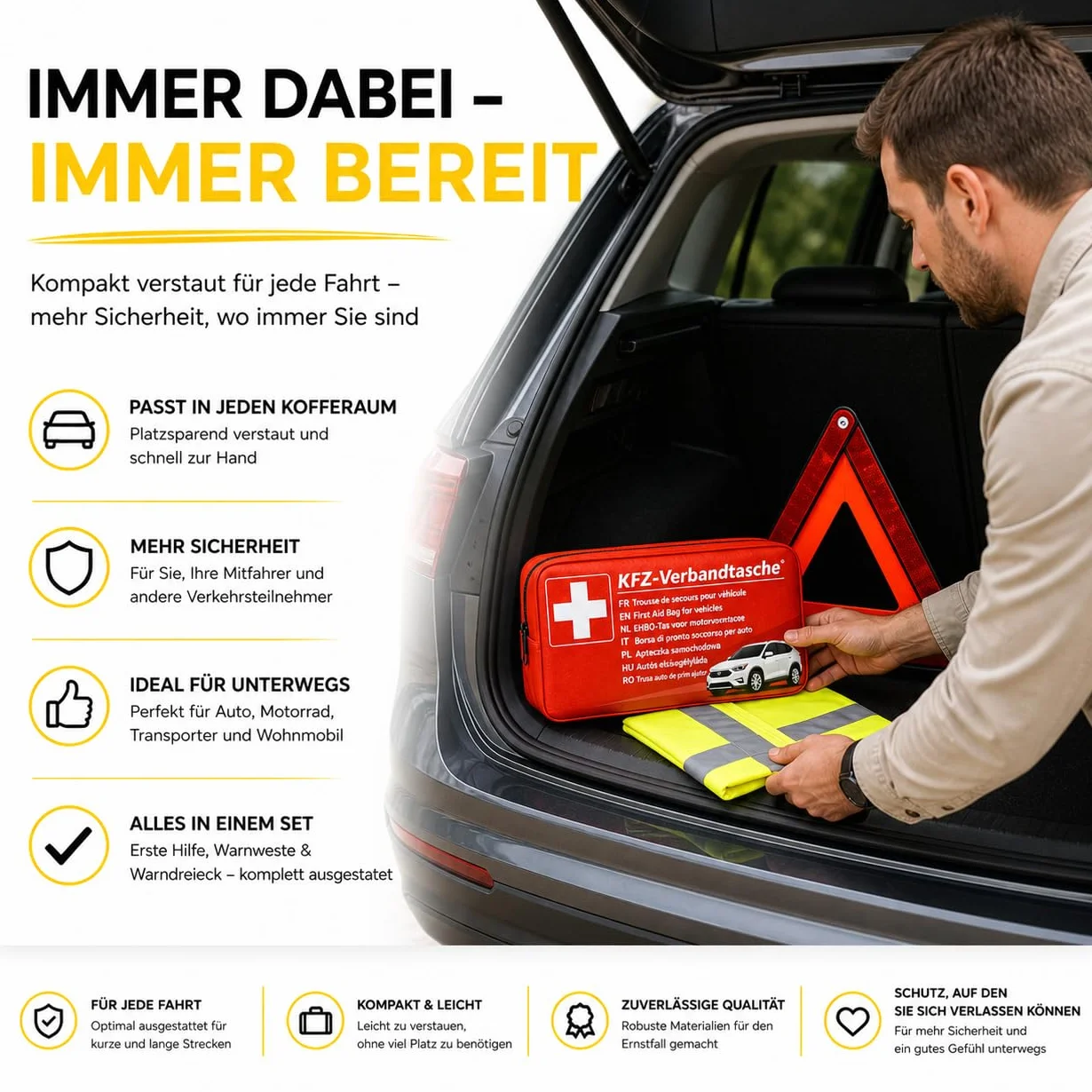 Kit di Pronto Soccorso per Auto 3 in 1, Testato nel 2026 e Accessori - con Giubbotto di Sicurezza e Triangolo di Emergenza per StVO
