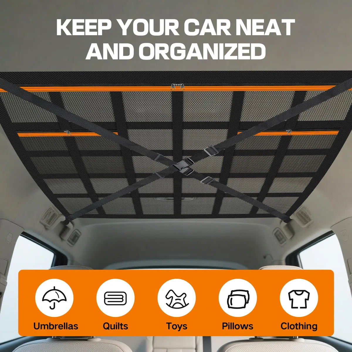 Rete Portaoggetti Auto 90×65cm, Deposito Bagagli Net Soffitto con Cinghie a Croce Regolabili e 3 Tasche con Cerniera, Universale Tetto Interno Borsa Rete Compatibile con SUV, Jeep, Furgoni e Camper