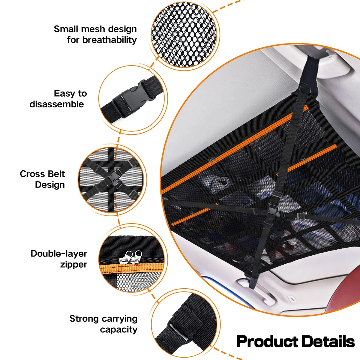 Rete Portaoggetti Auto 90×65cm, Deposito Bagagli Net Soffitto con Cinghie a Croce Regolabili e 3 Tasche con Cerniera, Universale Tetto Interno Borsa Rete Compatibile con SUV, Jeep, Furgoni e Camper