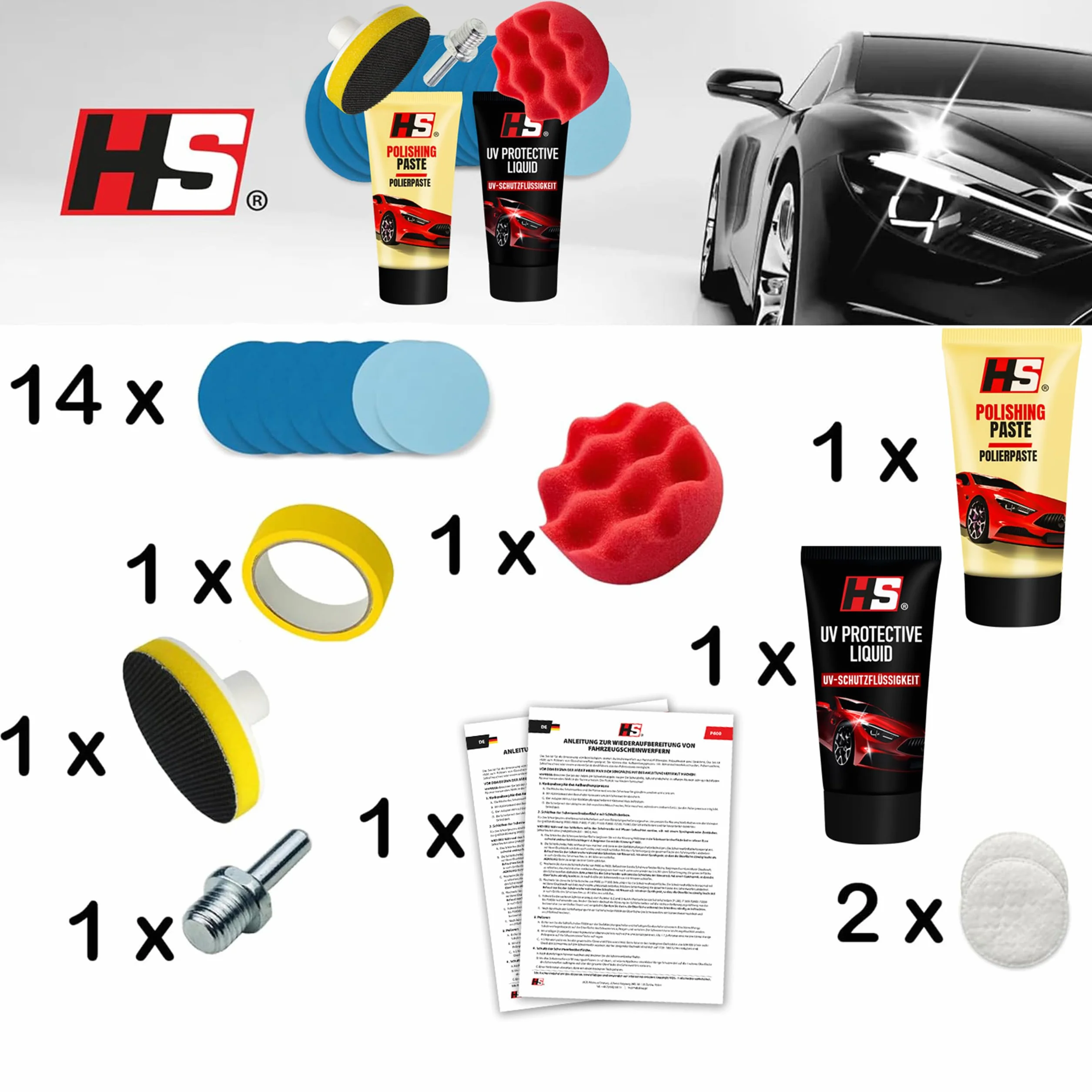 Rinnova fari auto - Kit lucidatura fari HS - Lucida fari auto opachi e ciechi - Kit rinnova fari auto completo - Set di rinnovamento per fari made in EU