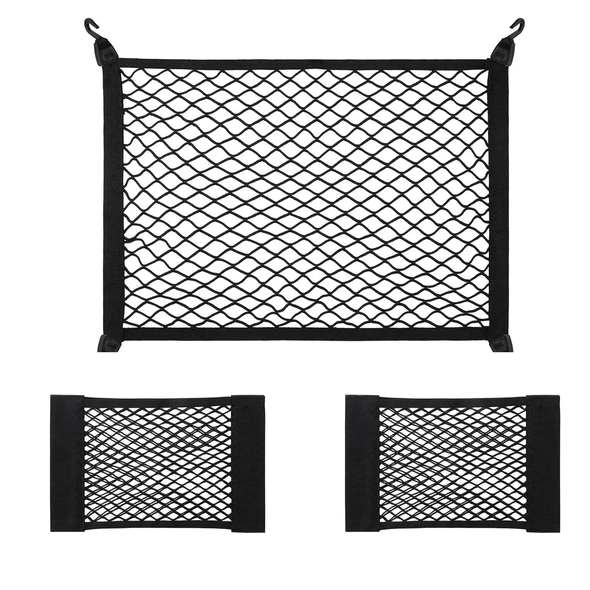 Rete Bagagliaio Auto 2 Pezzi Velcro Rete portaoggetti e 1 Pezzi Rete Elastica per Portaoggetti con Ganci Reti Car Groceries Organizer per Tutti i Tipi di Auto (50x25cm, 60x40cm)