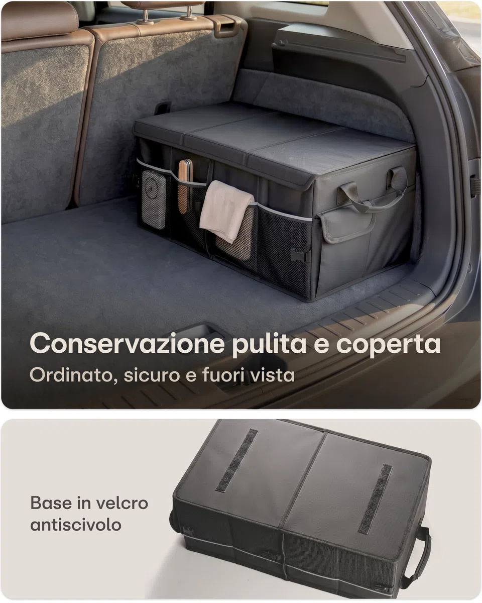 Praknu Organizer Bagagliaio con Coperchio Grande 45L – Pieghevole a 20L – 3 Scomparti con 11 Tasche – Idrorepellente e Antiscivolo – Facile da Trasportare – Ideale per un Bagagliaio più Ordinato