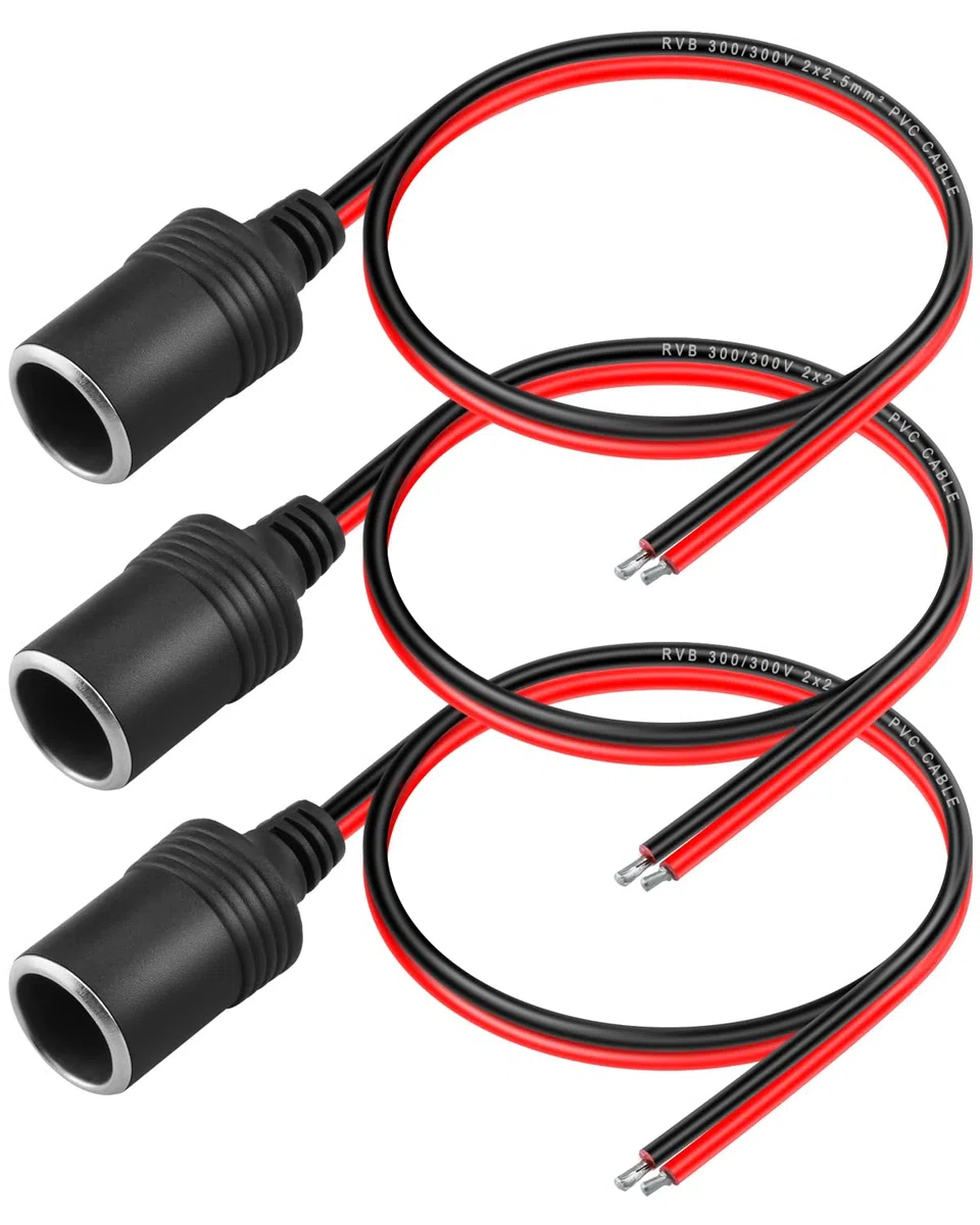 3 prese femmina per accendisigari da 14 AWG con cavo placcato in stagno, 12 V 24 V, cavo di alimentazione universale per riparazione e sostituzione dell'accendisigari dell'auto, 30 cm