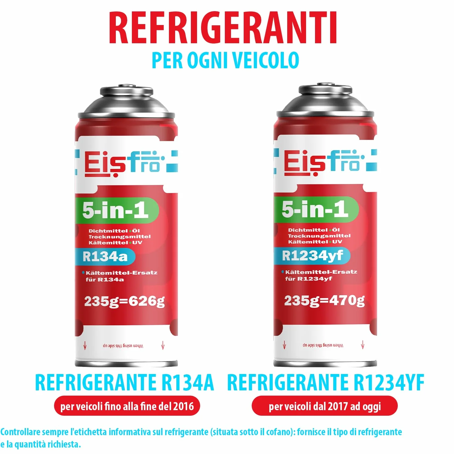 5-in-1 – Refrigerante R134a XL per climatizzatori auto con olio, sigillante, tracciante UV e disidratante – Protegge il compressore – 235 g per confezione