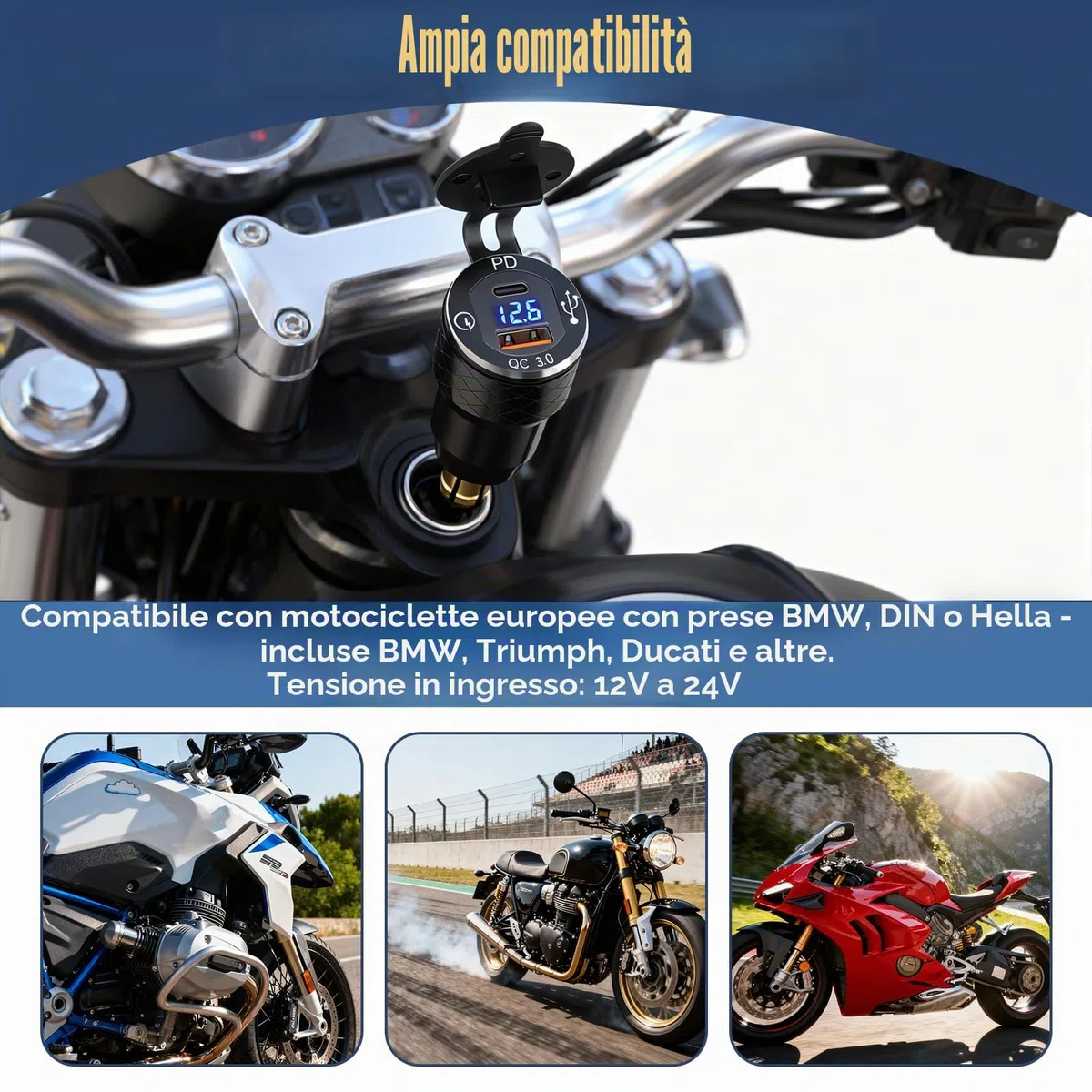 Presa DIN a USB C per Moto BMW, PD3.0 e QC3.0 Spina DIN Hella Socket Plug Waterproof Alluminio Adattatore Accendisigari con LED Voltmeter per 12V/24V Ducati Triumph Altre Motorcycles in Stile Europeo