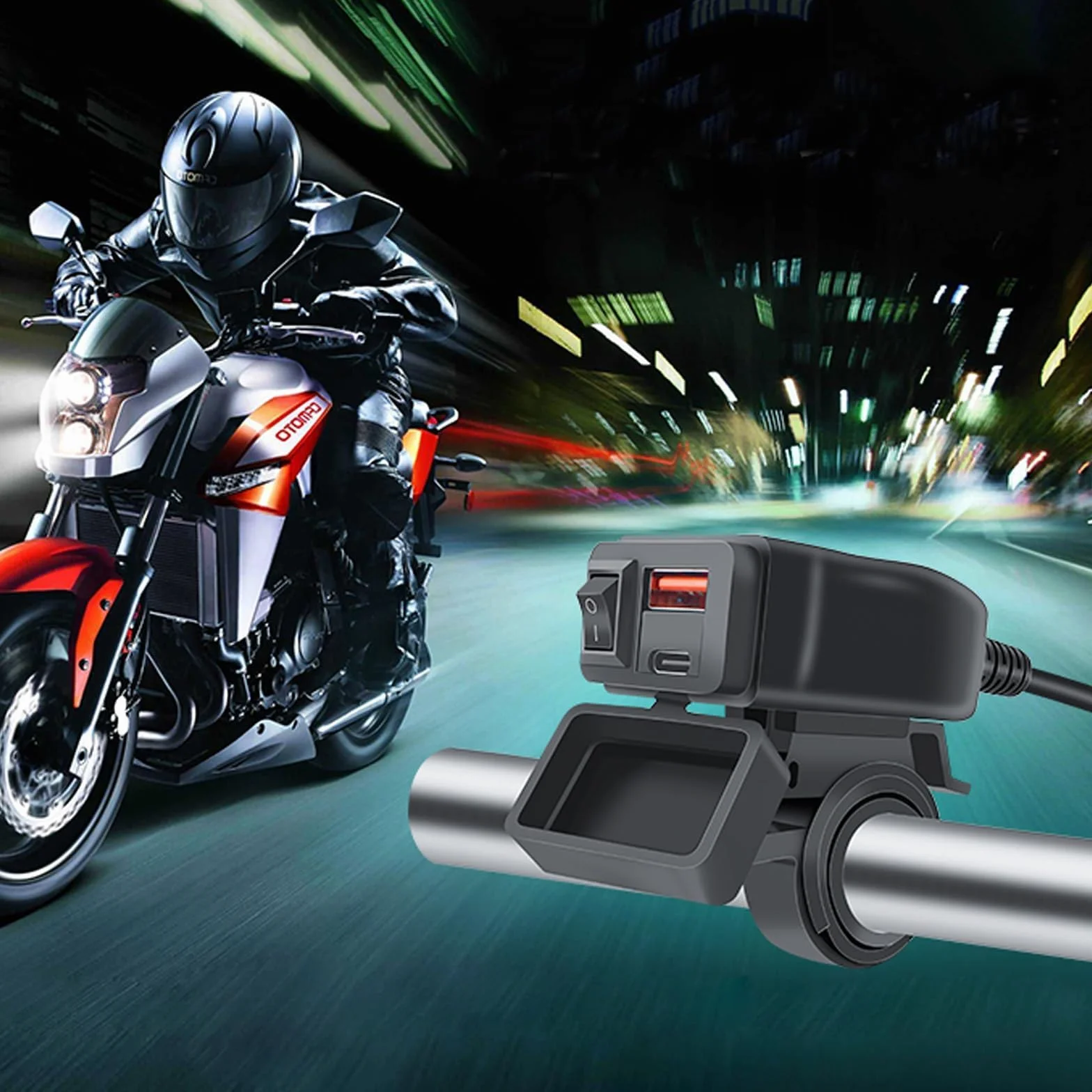 Caricatore USB per Moto 48W, IP65, 2 Porte (QC3.0 18W + PD3.0 30W) con Interruttore & Voltmetro LED, Presa USB-C 12-24V – per Viaggi/Outdoor – Compatibile con Smartphone/GPS/Fotocamera