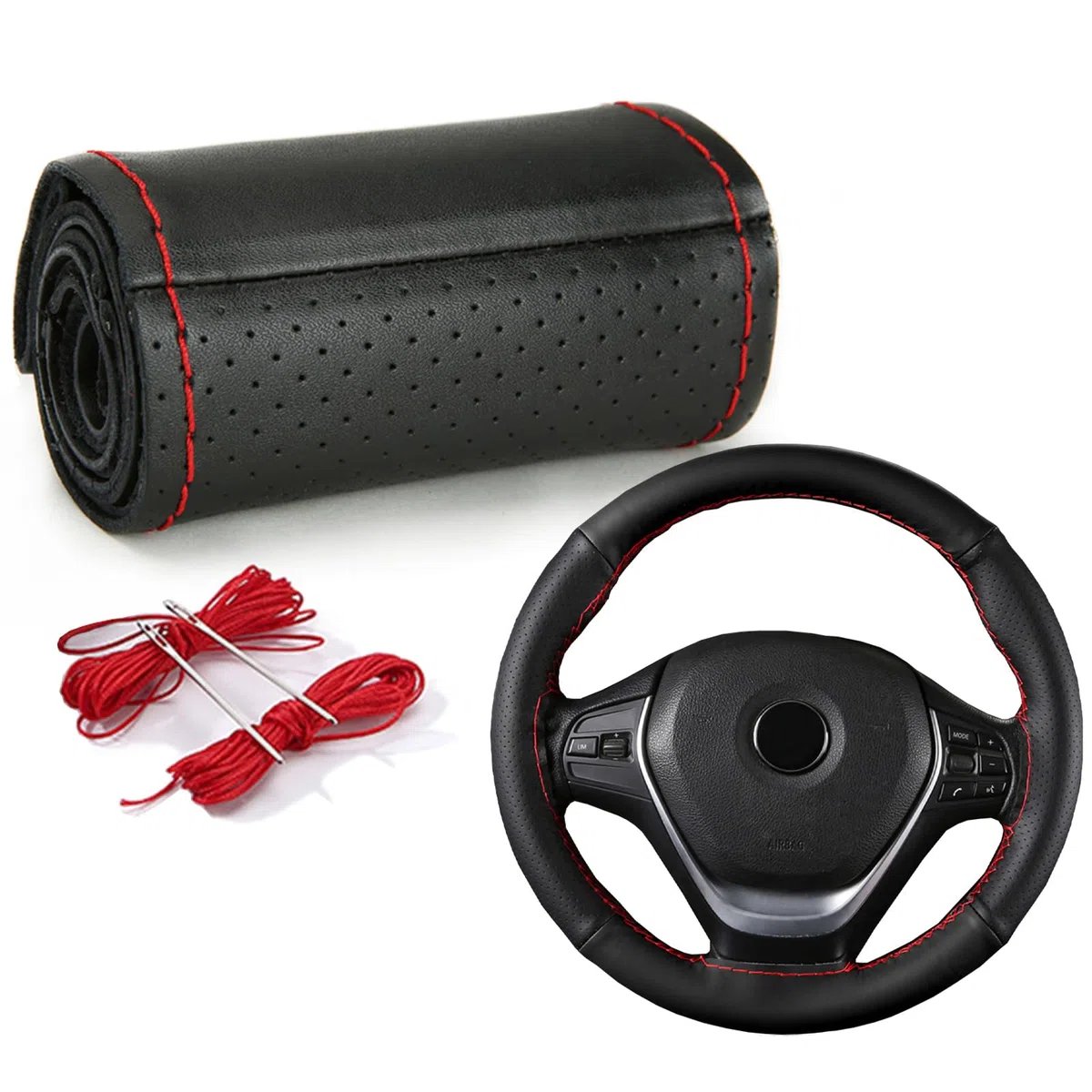 Copertura di volante in pelle,coprivolante auto, Coprivolante Auto Universale, Coperchio del volante con ago e filo，Fit universale 37-39 cm (Linea rossa)